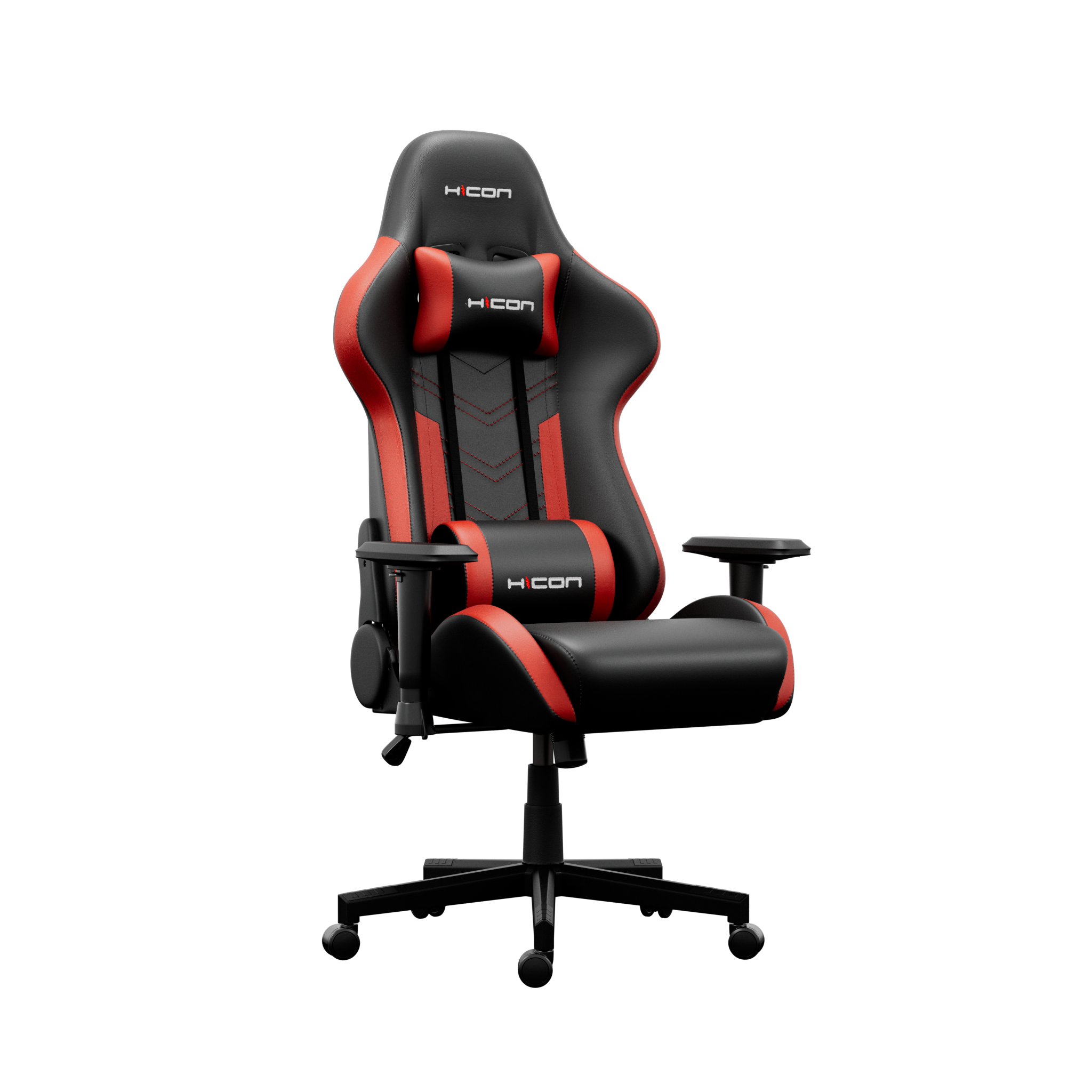 Une chaise de jeu noire et rouge avec le logo "H CON" sur l'appuie-tête et le support lombaire, sur fond noir.