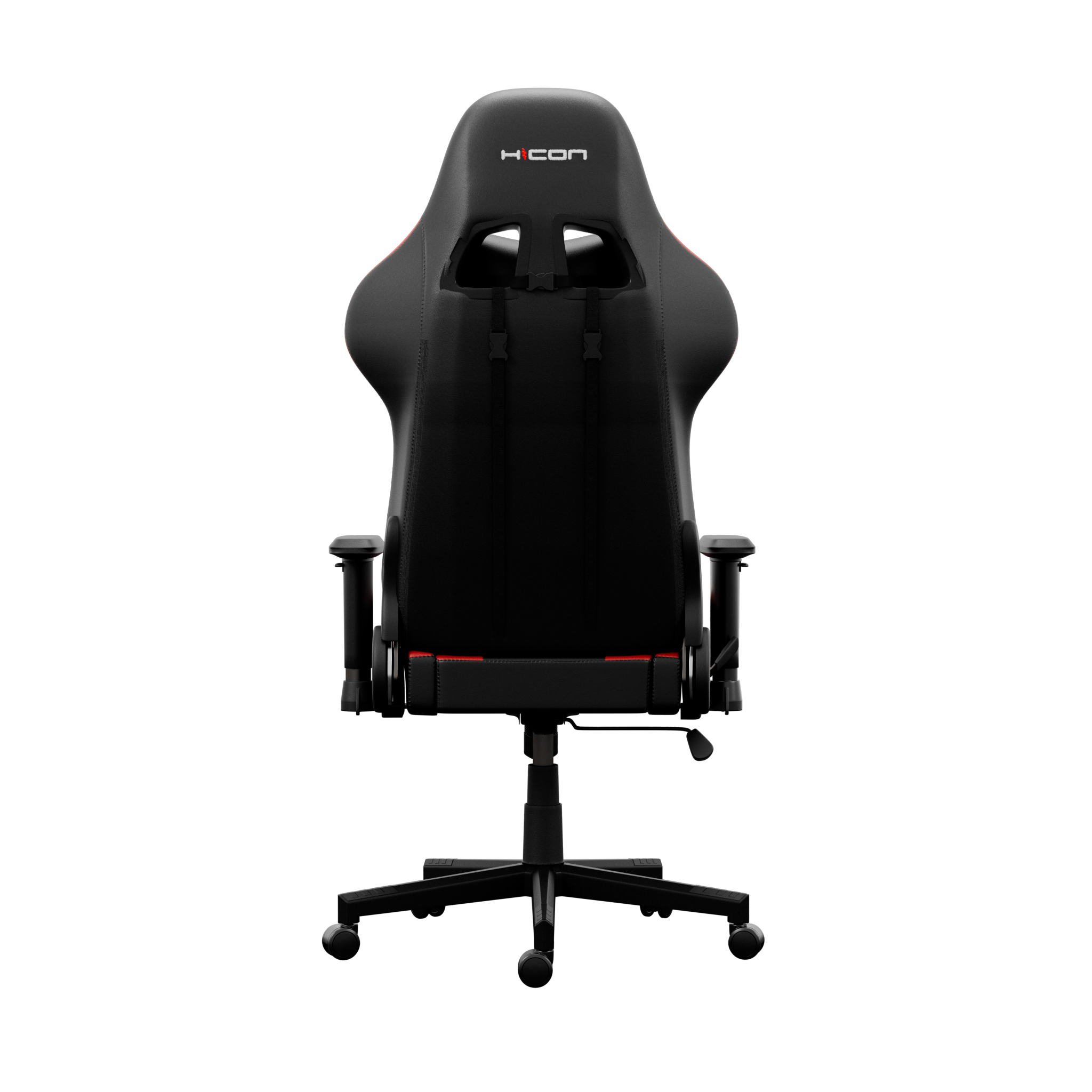 Chaise de jeu noire sur fond noir. Accents rouges et logo sur l'appuie-tête.