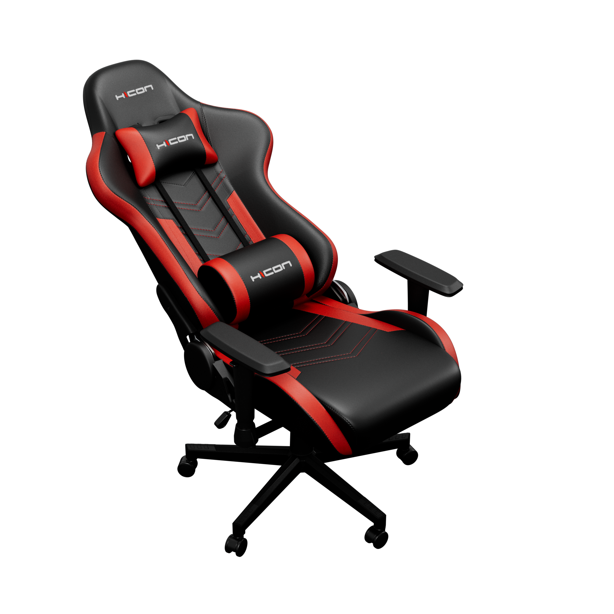 Une chaise gaming avec un design noir et rouge. Elle a des accoudoirs et un appui-tête, sur fond noir.