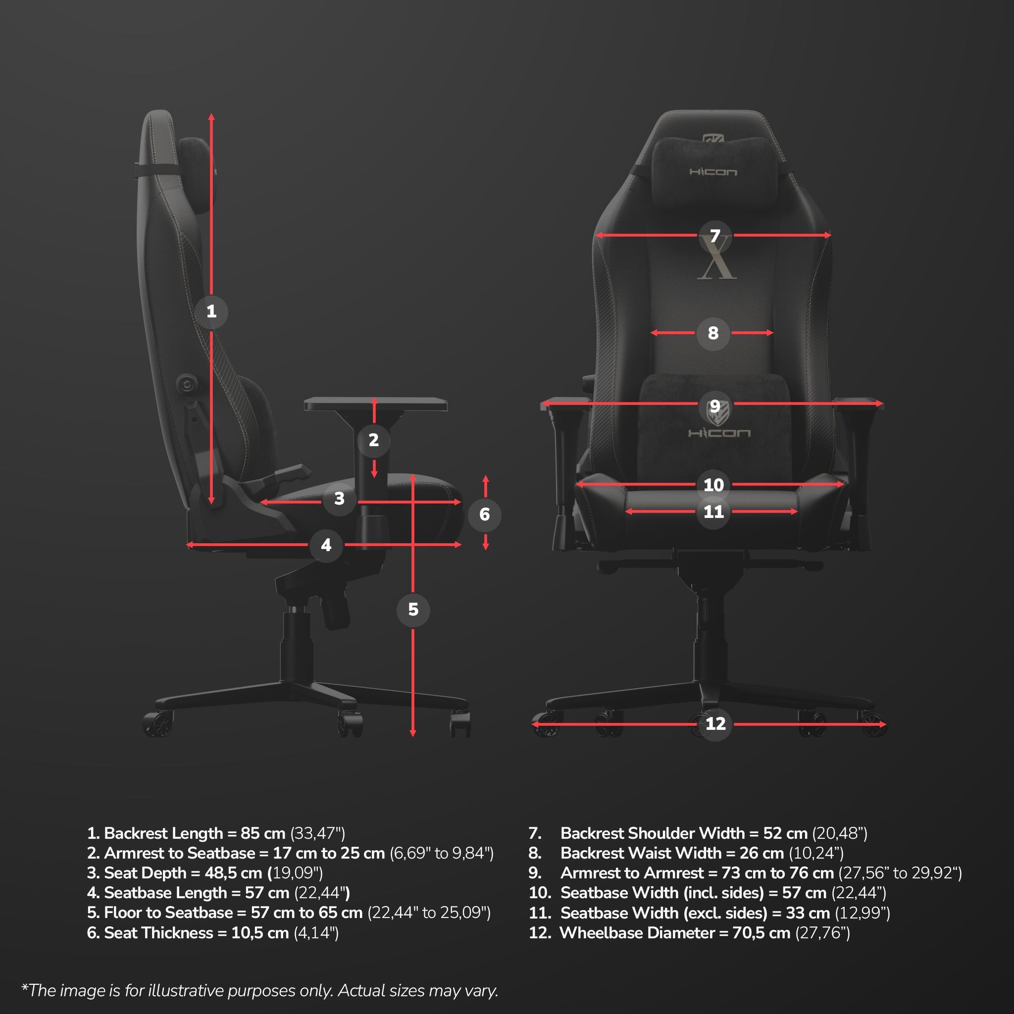 Chaise gaming avec dimensions étiquetées. Chaise noire avec mesures pour dossier, siège, accoudoirs et base. Comprend les tailles en cm et pouces.