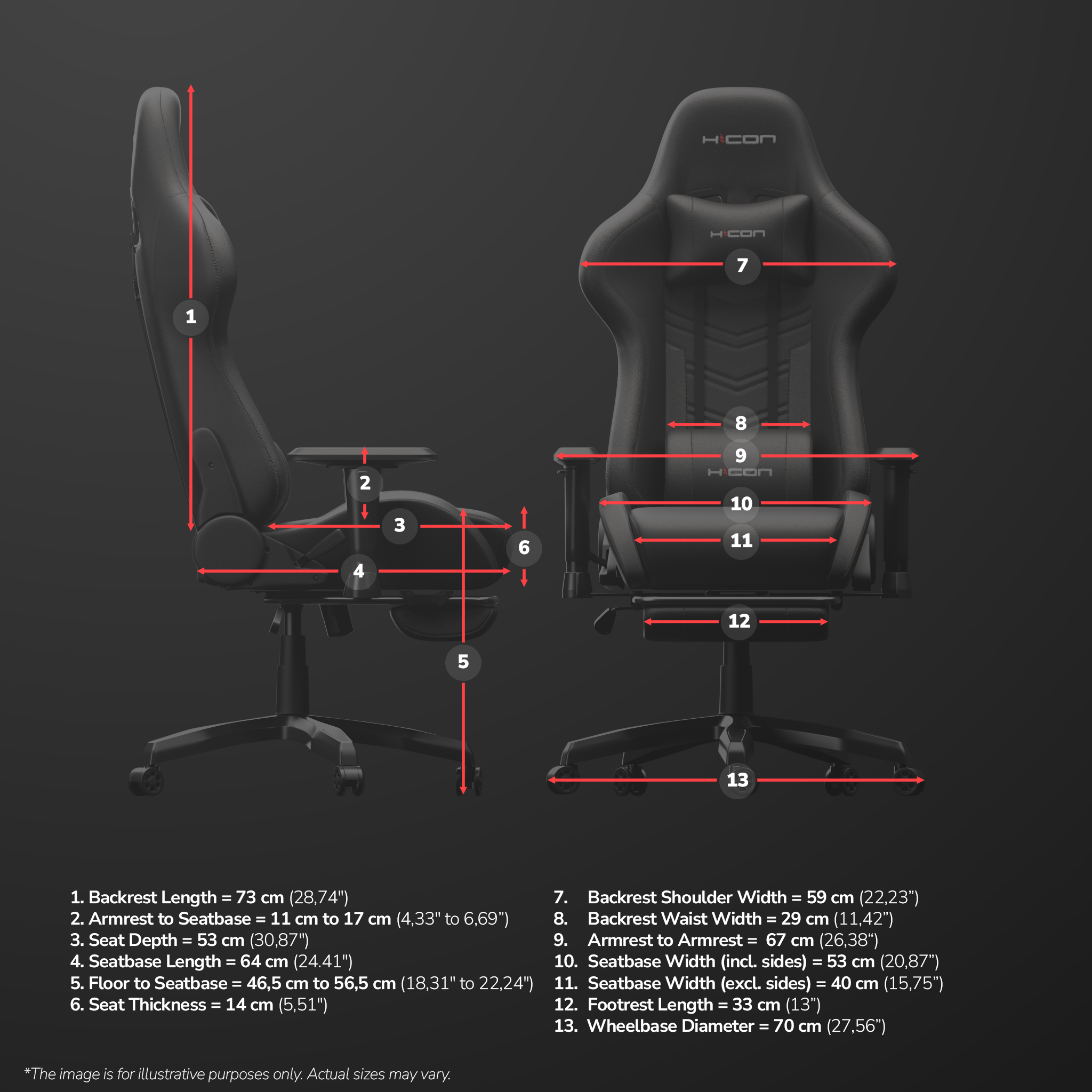 Diagramme d'une chaise gaming noire avec dimensions. Mesures en cm et pouces fournies.