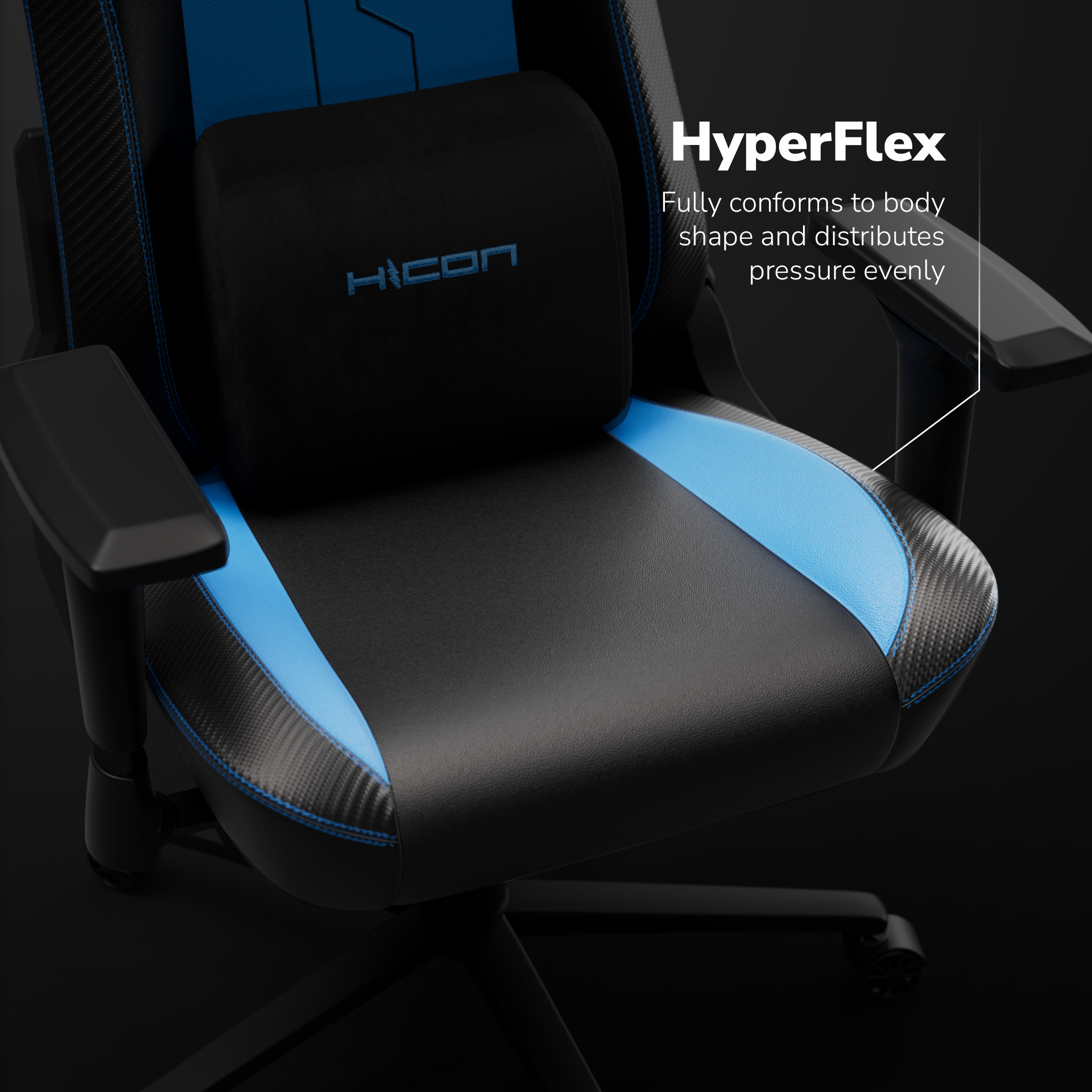 Gamingstoel met zwarte en blauwe accenten. Voorzien van een hoofdsteun en lendenkussen. De stoel staat op wielen.