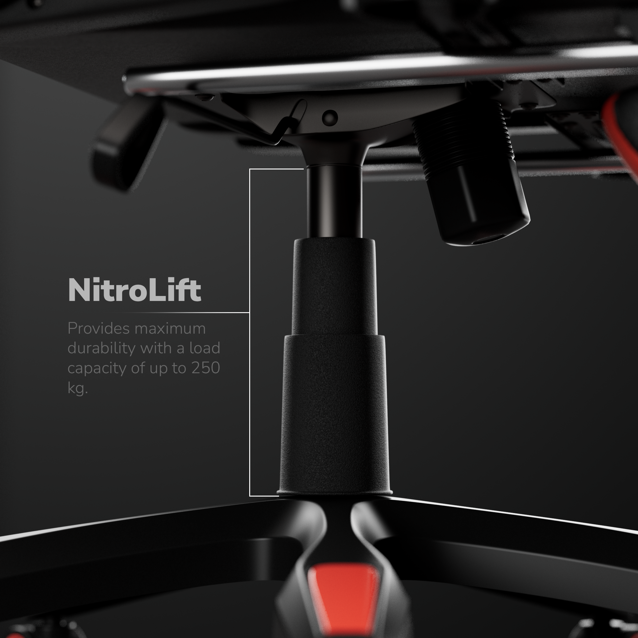 Nahaufnahme des NitroLift-Mechanismus eines schwarzen Stuhls. Er hat einen schwarzen Zylinder und tragende Teile. Text zeigt Tragfähigkeit.