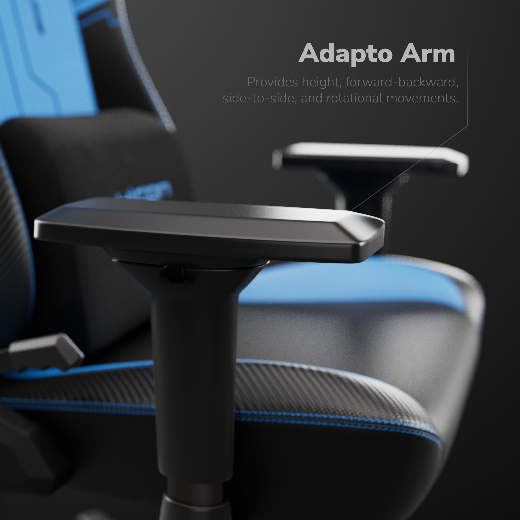 Gros plan d'un accoudoir noir de chaise gaming avec des touches de bleu. Texte : Adapto Arm, offrant du mouvement.