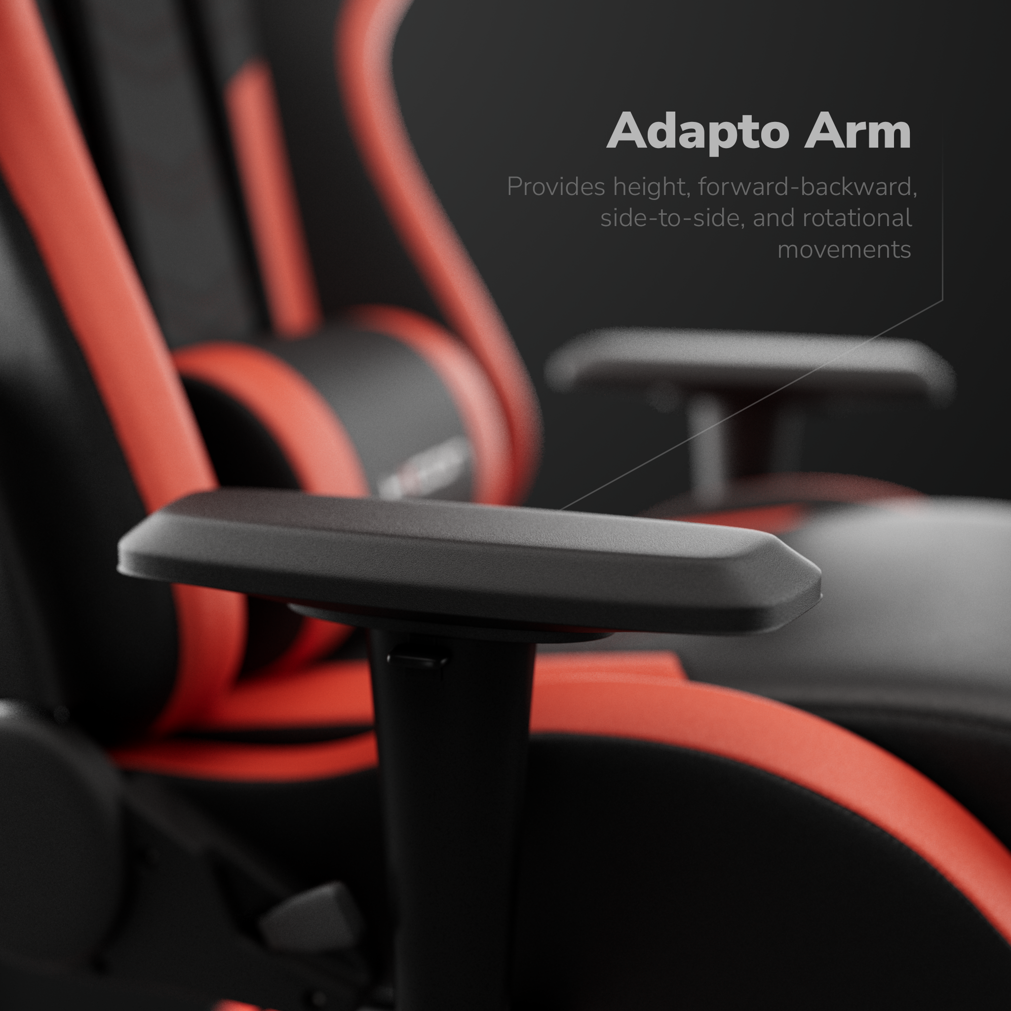 Gros plan sur une chaise de jeu noire et rouge. L'accoudoir est mis au point, avec le texte "Adapto Arm" au-dessus.