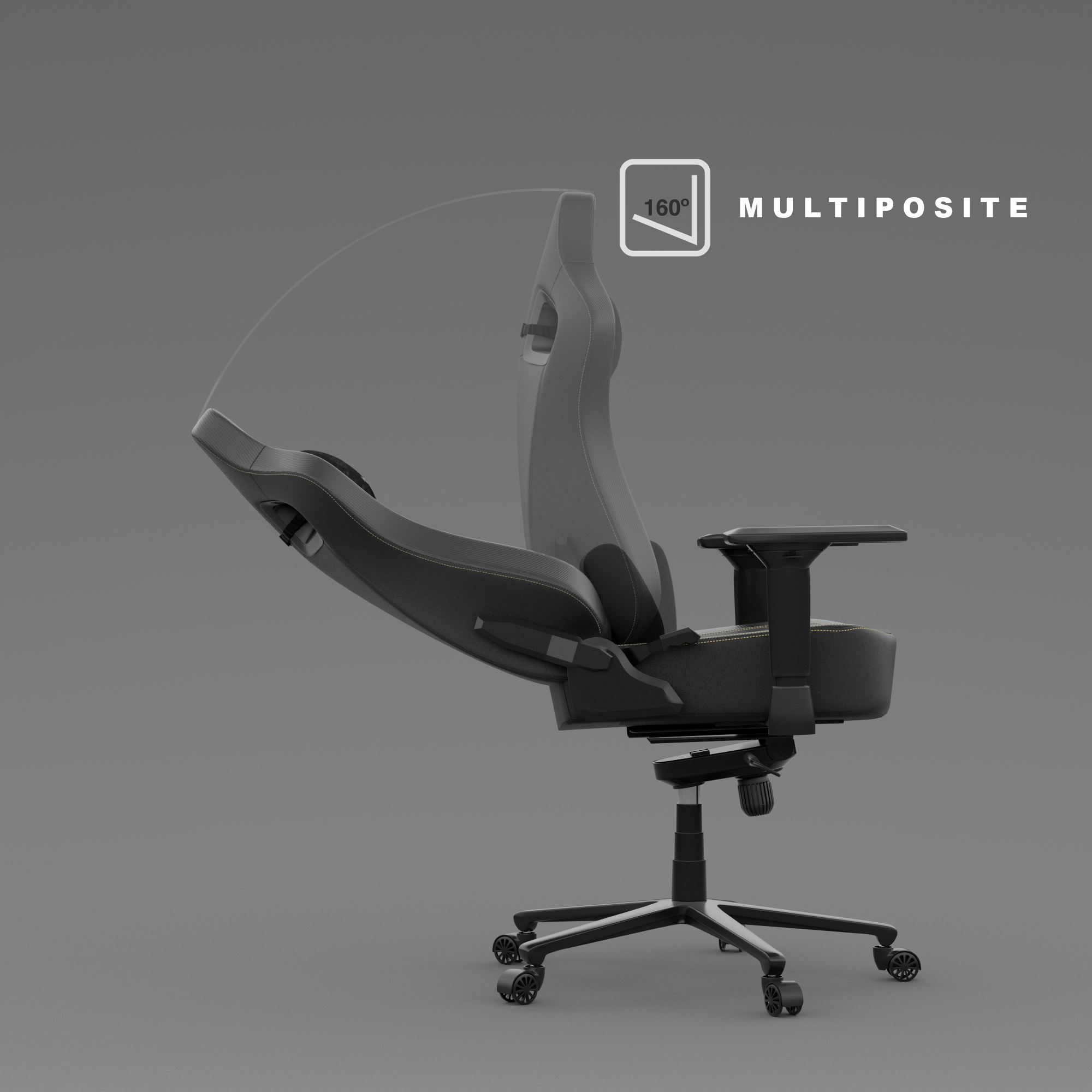Sedia da gaming nera, schienale angolato. Mostra 160° di regolazione. Con braccioli, ruote e sfondo grigio.