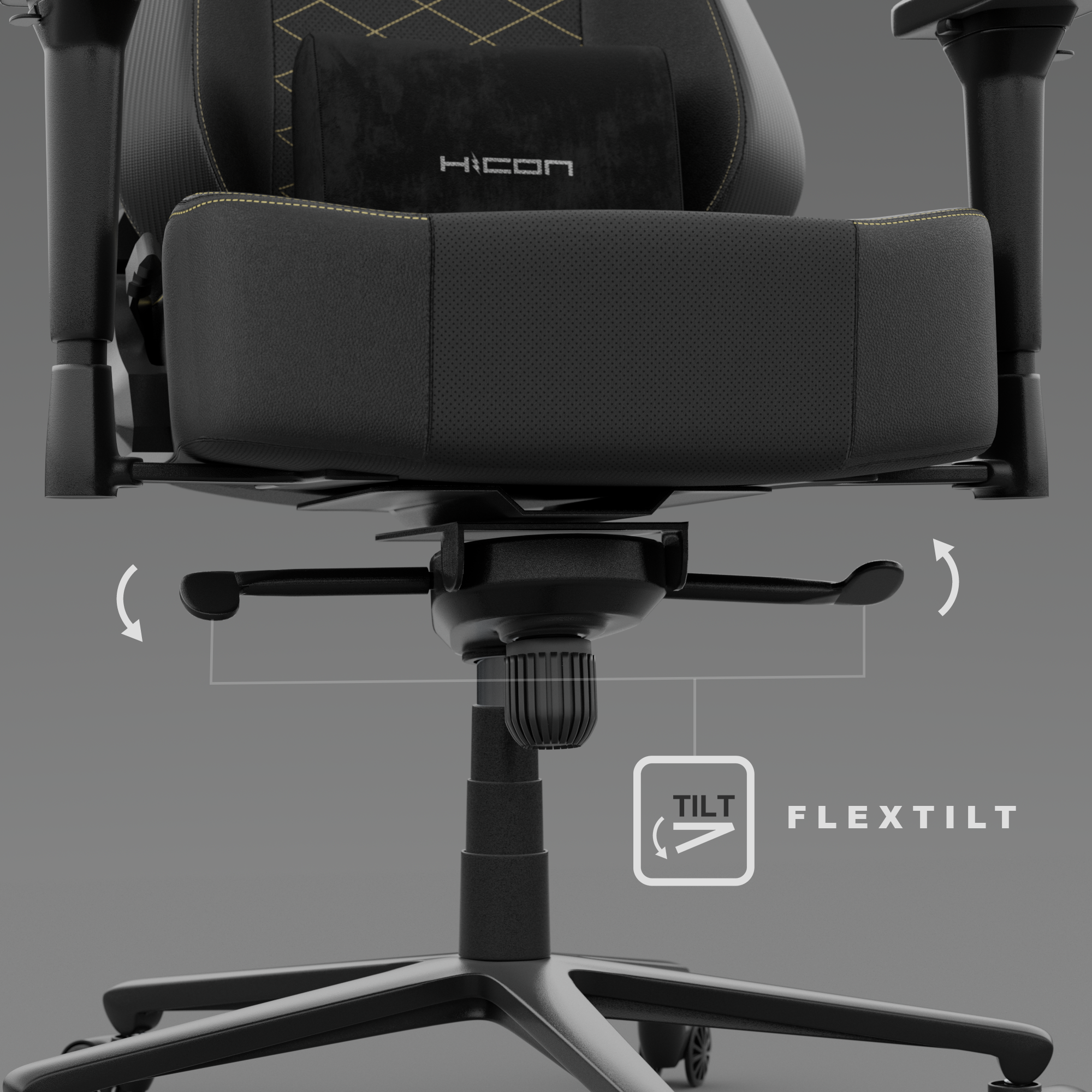 Zwarte gamingstoel met gele stiksels. Inclusief hoofdsteun met het logo 'HICON'. Kantel- en flex-tilt functies worden getoond.