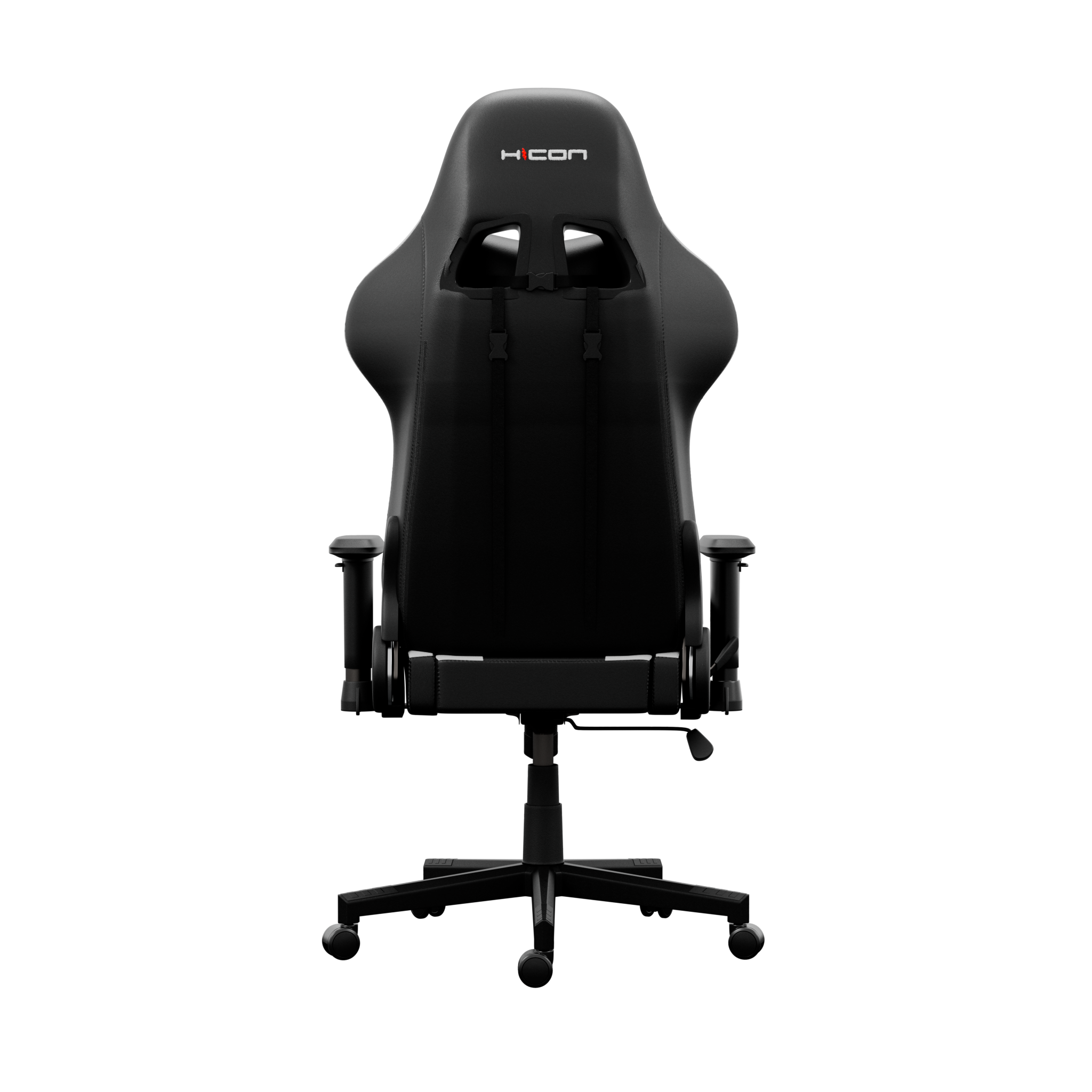 Chaise de jeu noire sur fond noir. Elle a un appui-tête avec logo, accoudoirs et une base à cinq étoiles.