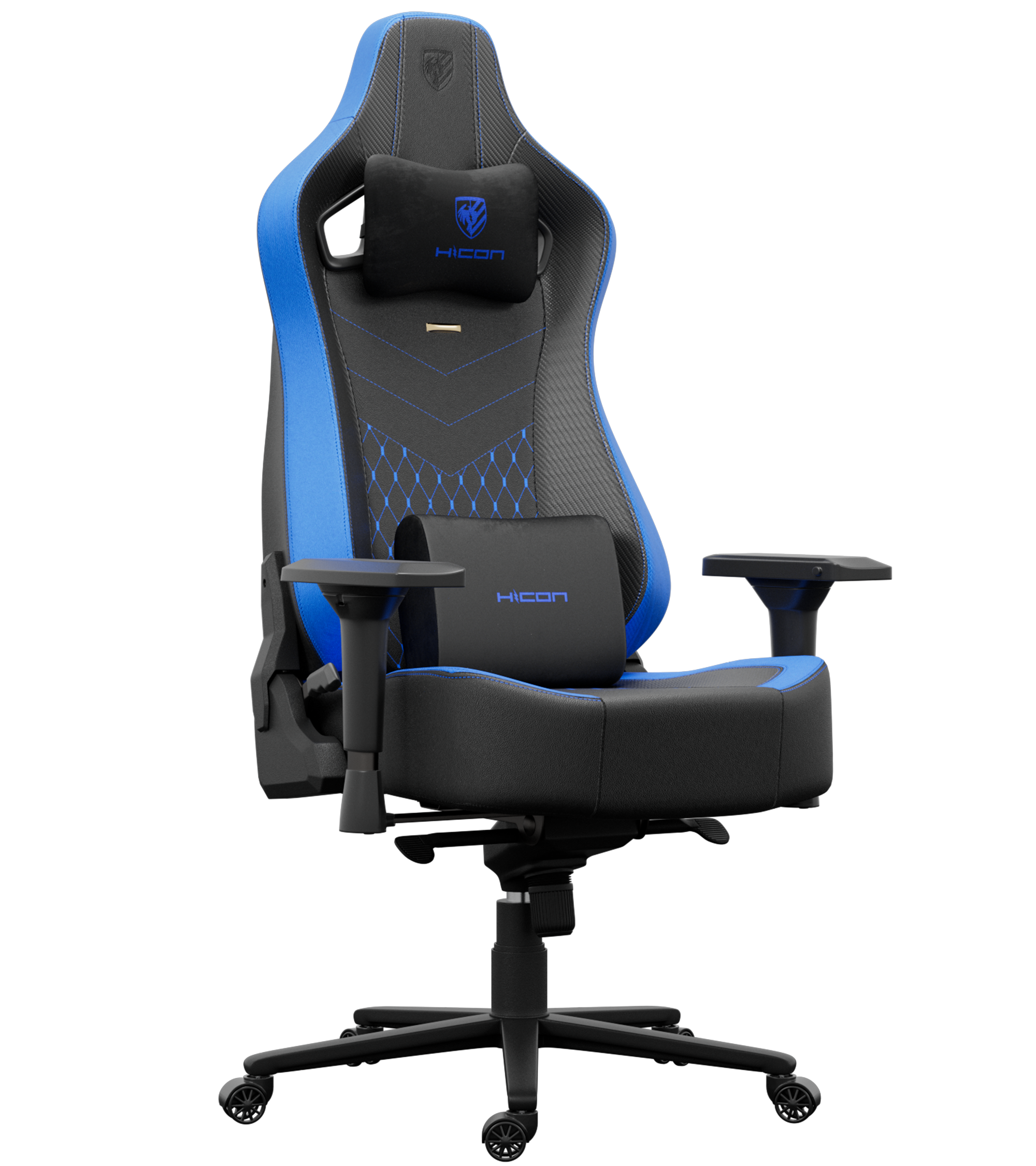 Chaise gaming. Noir et bleu. Logo HICON sur appui-tête et support lombaire. Accoudoirs. Roues sur base noire.