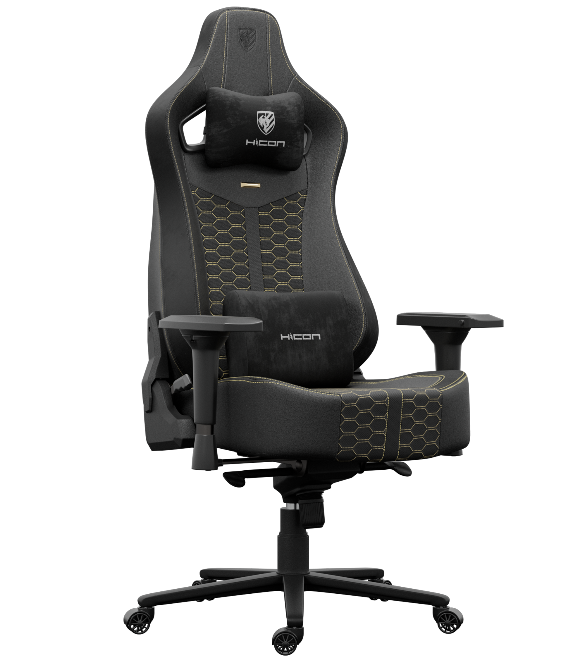 Une chaise de jeu noire et dorée avec deux coussins. Elle a un haut dossier et des accoudoirs. La chaise est sur fond noir.