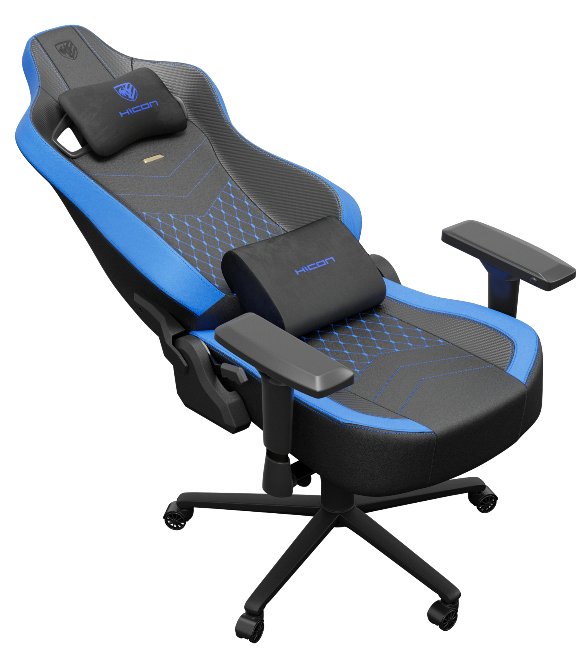 Une chaise de jeu bleue et noire avec deux coussins. La chaise a une base et des accoudoirs noirs, sur fond noir.