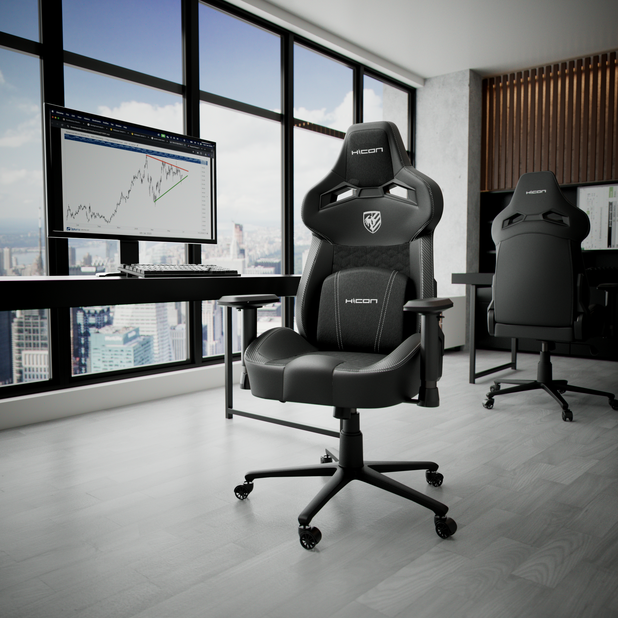Een moderne kantooropstelling met een zwarte gamingstoel voor een bureau met een computer waarop een aandelenkoersdiagram wordt weergegeven.