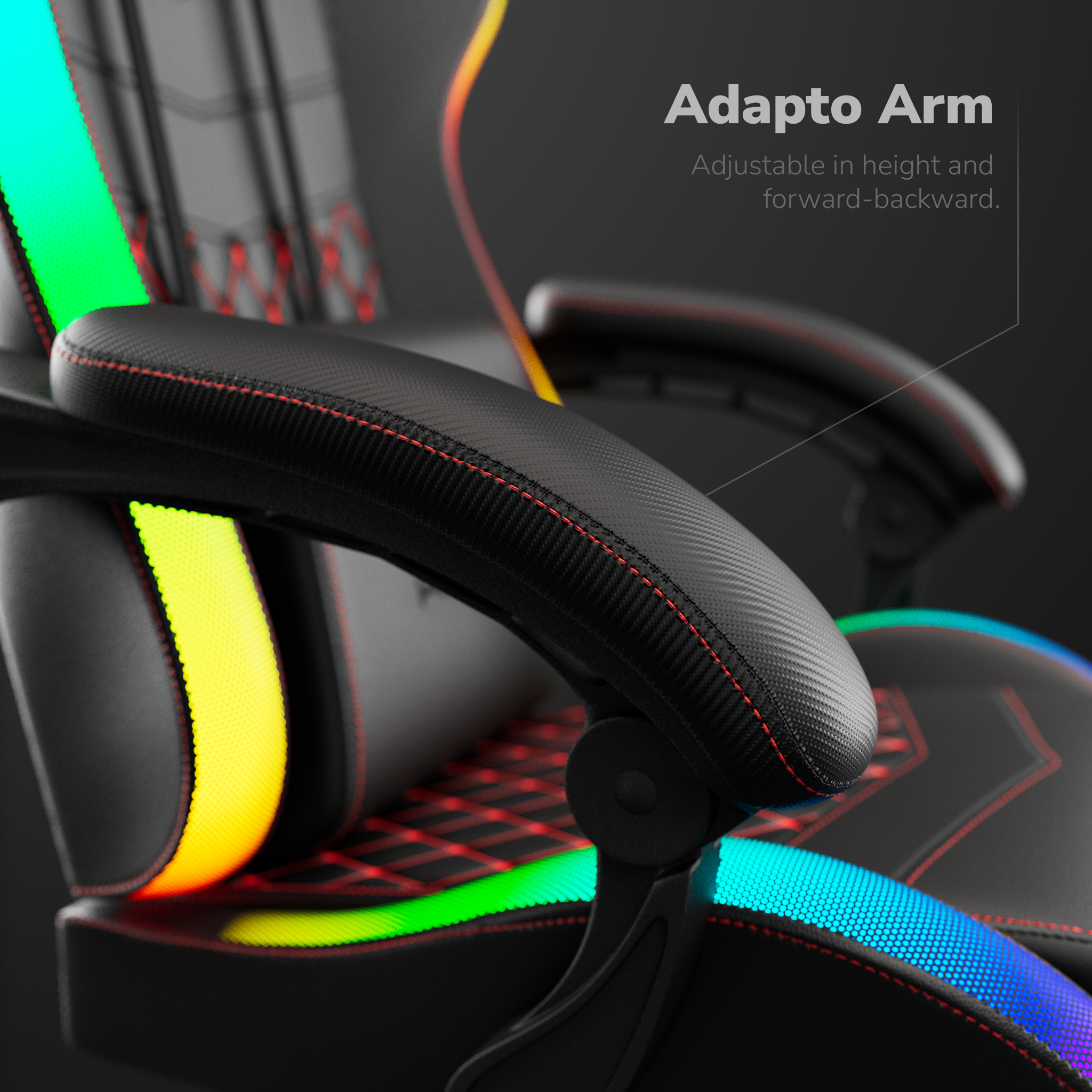 Détail du fauteuil gaming : accoudoir noir avec surpiqûres rouges, texture fibre de carbone et éclairage RVB. Texte : Adapto Arm, réglable.