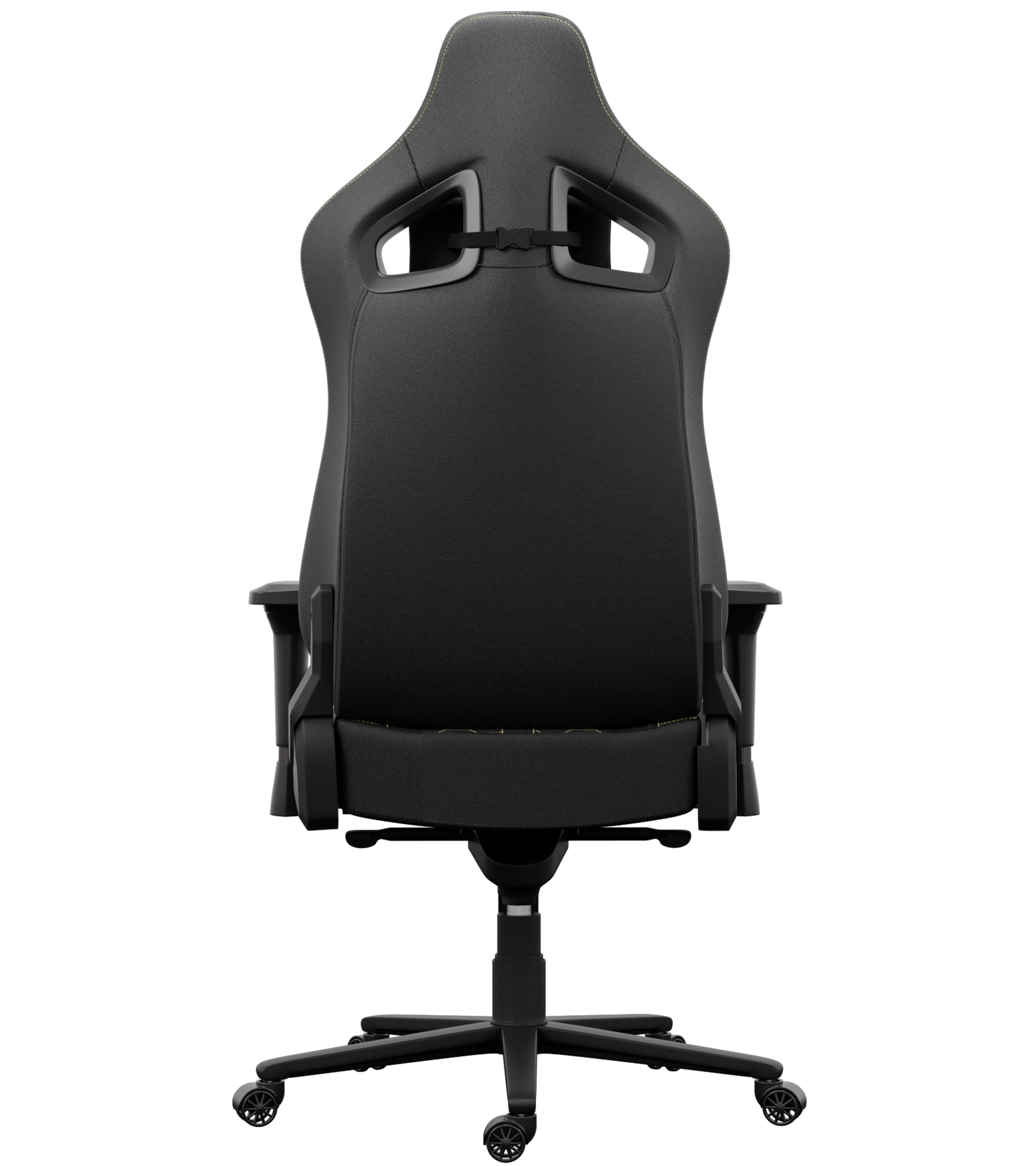 Chaise de jeu noire, vue arrière. Comprend un dossier haut, des accoudoirs et une base à cinq étoiles avec roues.