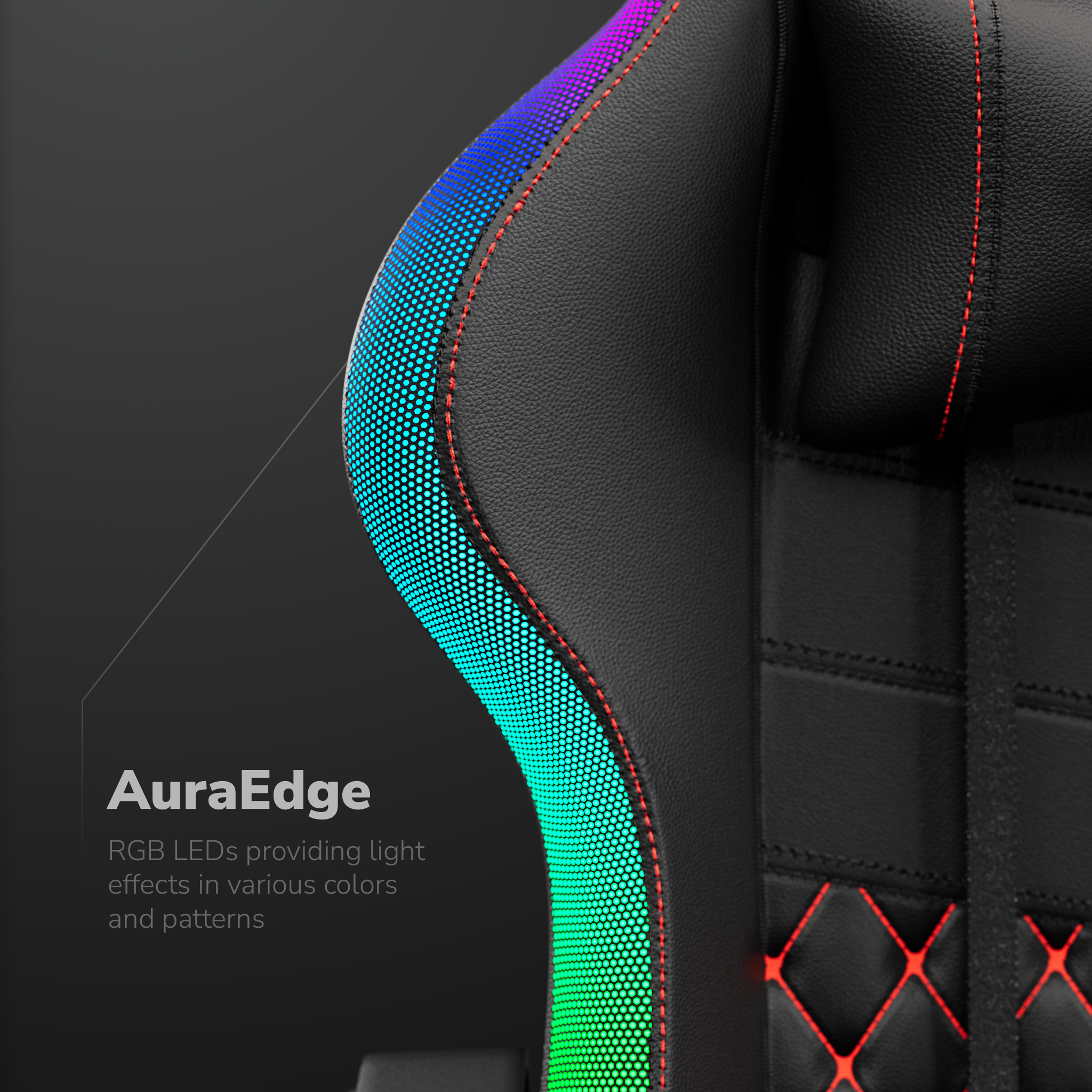 Détail du fauteuil gaming. Cuir noir avec coutures rouges. LED RVB sur le bord, couleurs changeantes.