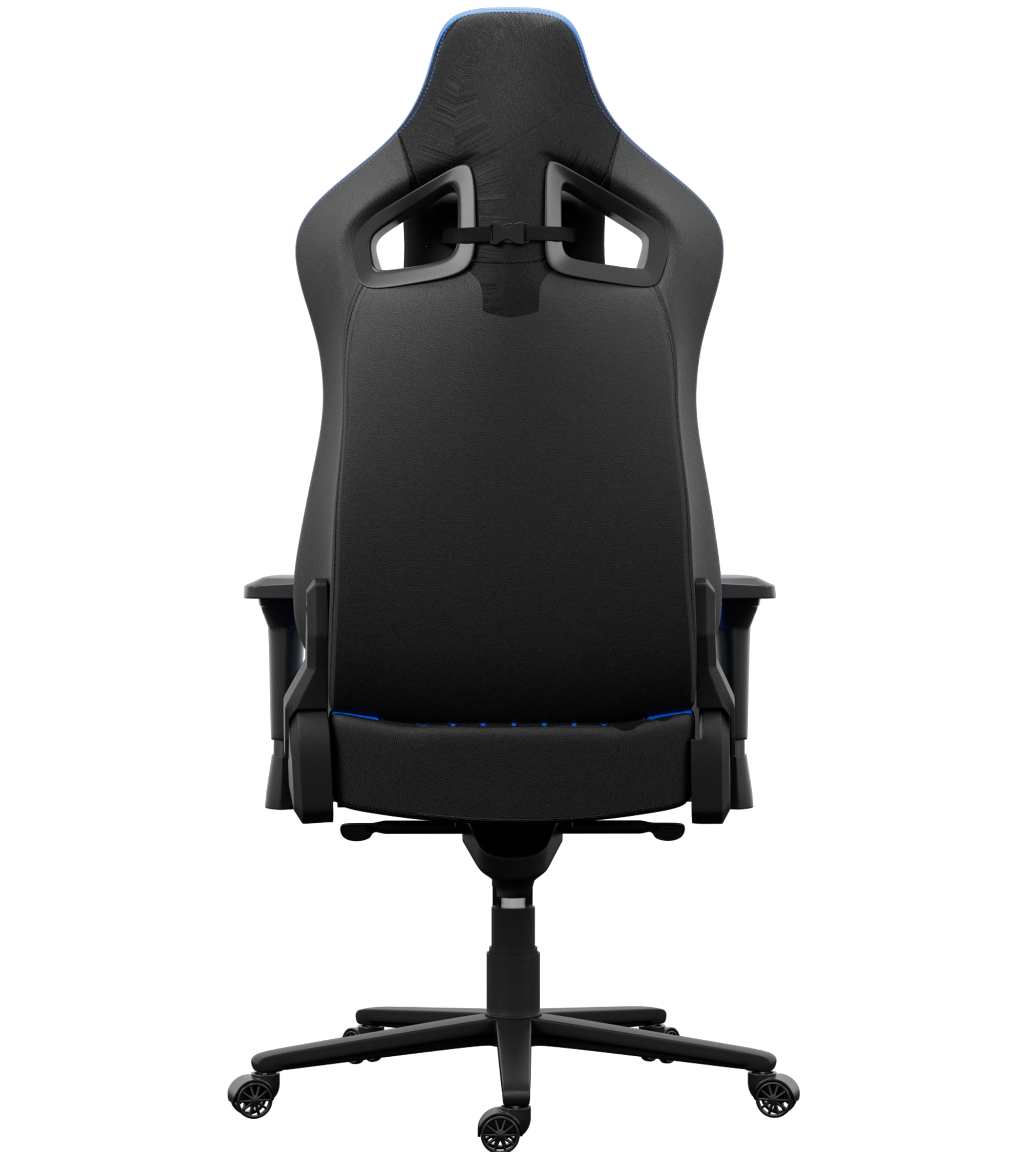 Chaise de jeu noire avec des touches de bleu. Dossier haut, accoudoirs et base à cinq roues. Centrée.