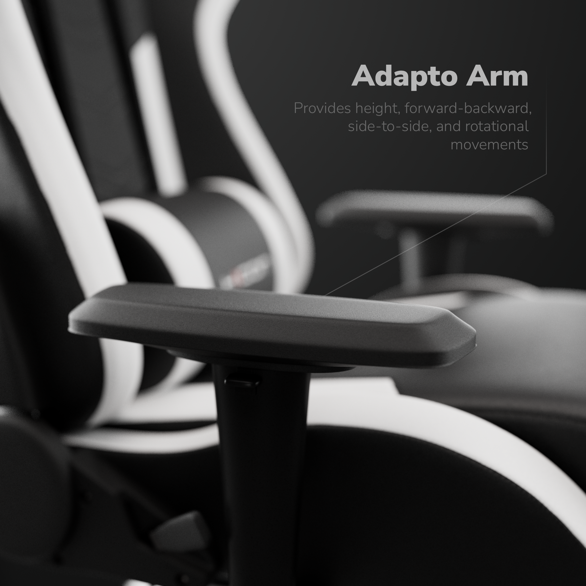 Gros plan sur l'accoudoir noir d'une chaise. Le texte indique 'Adapto Arm' et décrit ses capacités de mouvement.