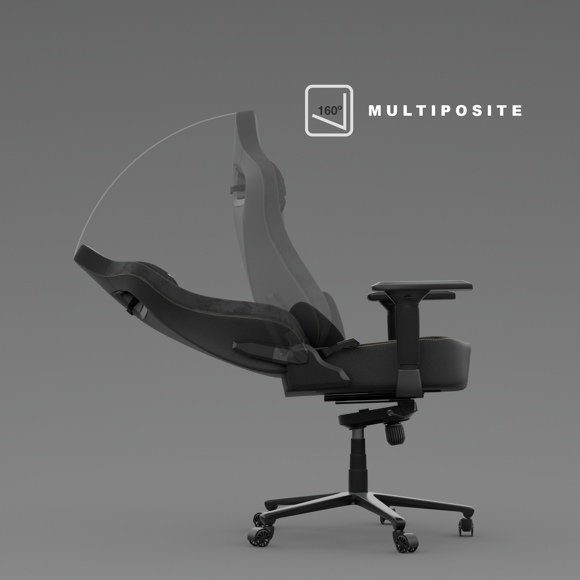 Een zwarte ergonomische stoel, verstelbaar tot 160 graden. De achtergrond is grijs en de tekst luidt MULTIPOSITE.