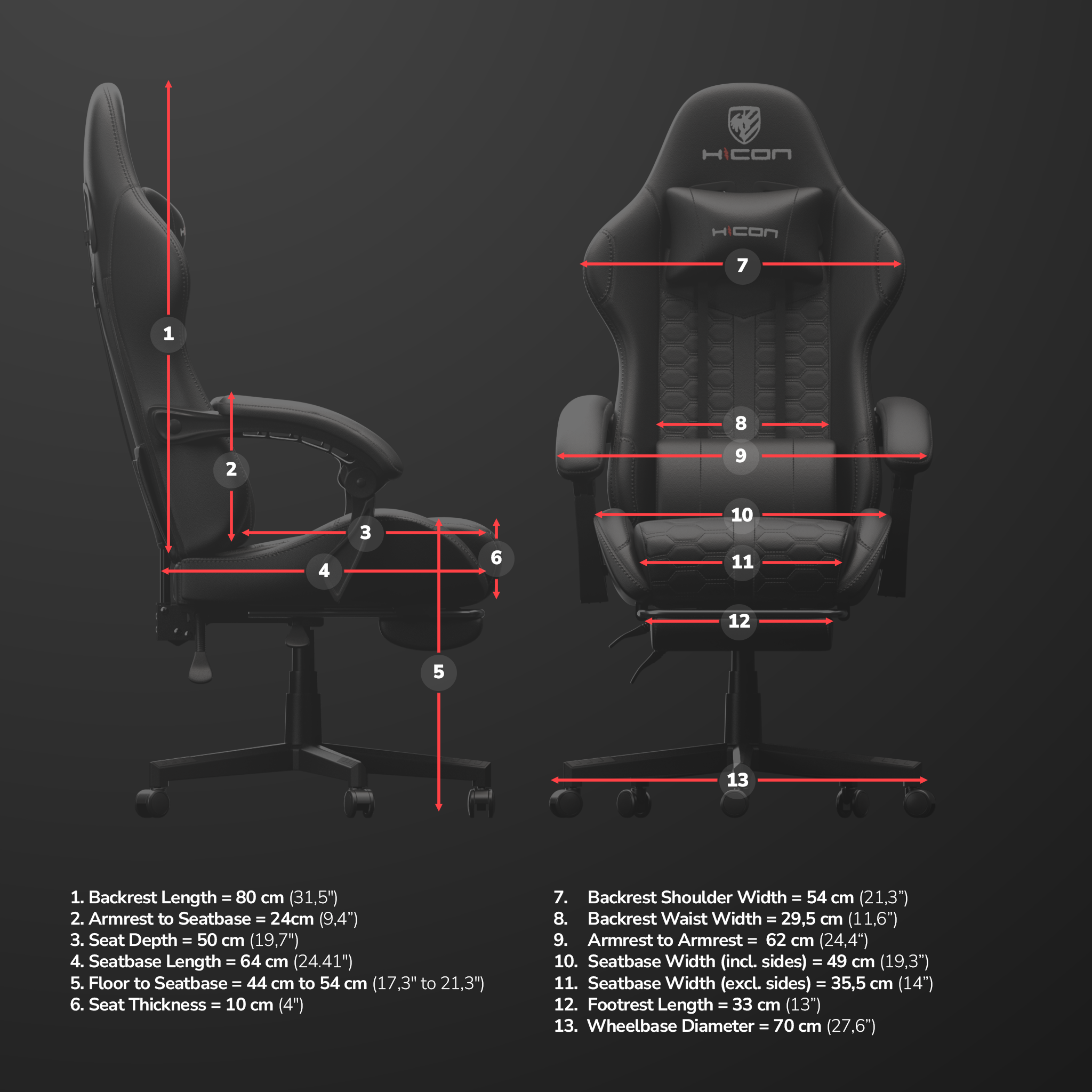 Une chaise de jeu noire avec des mesures indiquées par des lignes et des chiffres rouges. La chaise a un appui-tête et des accoudoirs.
