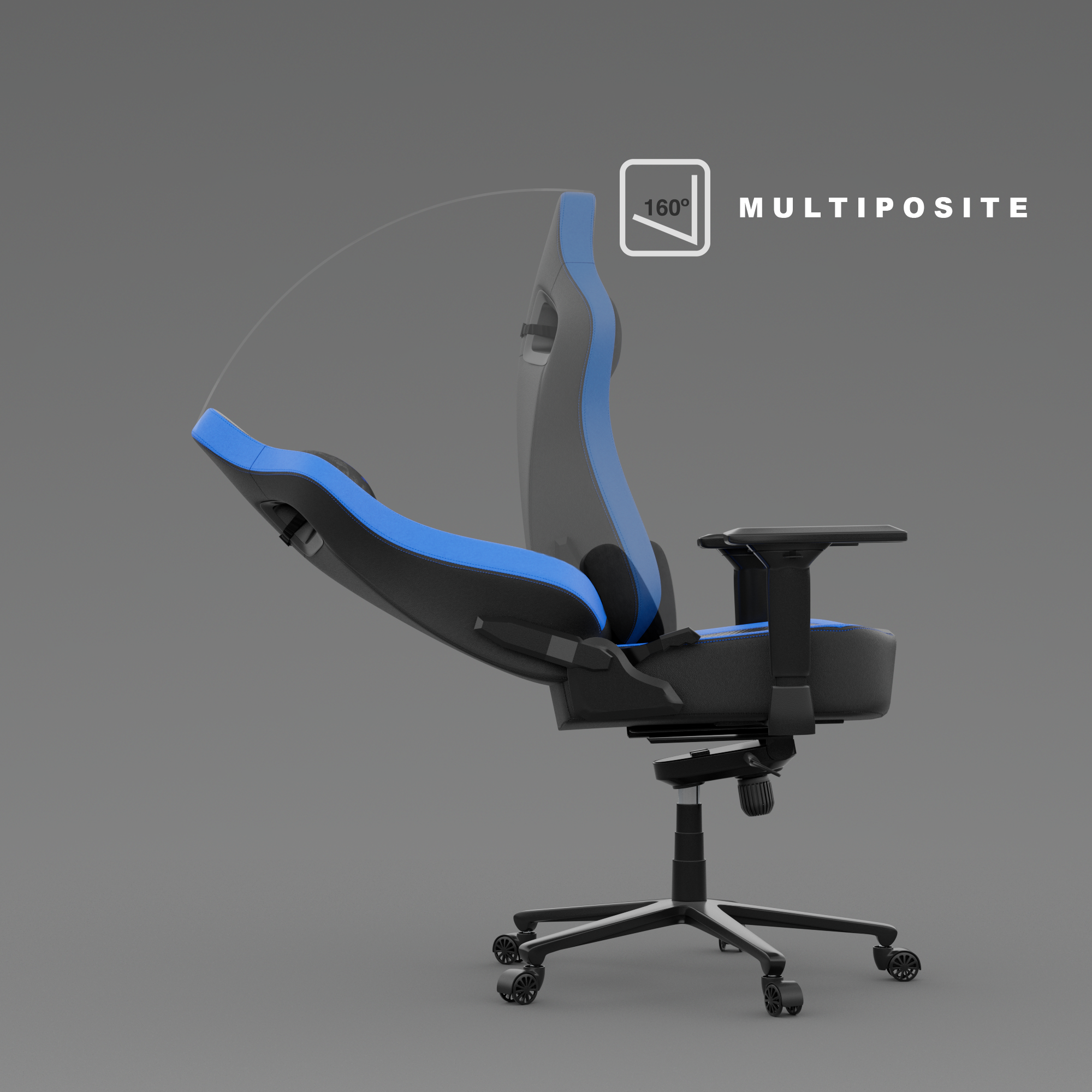 Silla gaming con detalles negros y azules. El respaldo está inclinado. Fondo gris con el texto MULTIPOSITE.