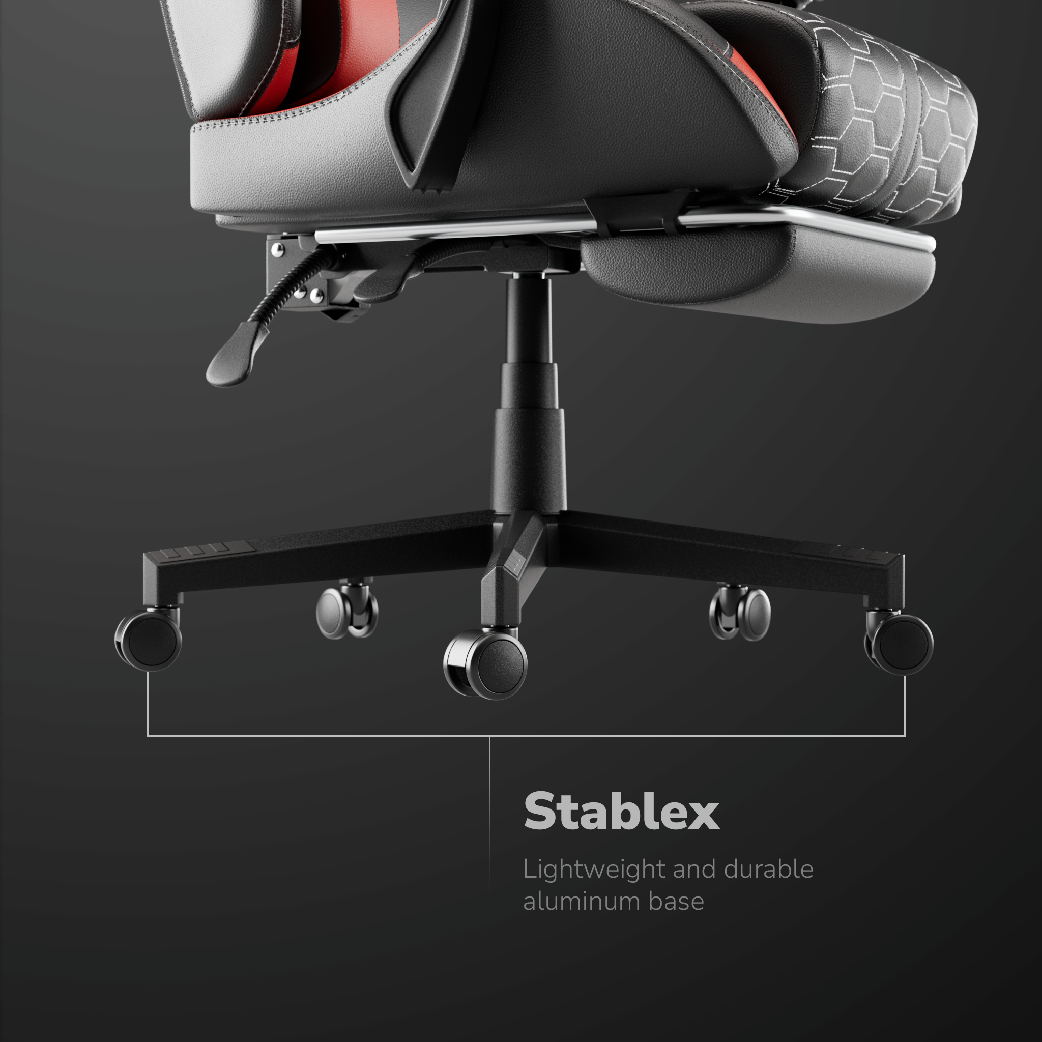 Gaming-Stuhl mit schwarzen und roten Details. Die Basis ist schwarz mit Rädern. Der Stuhl hat ein leichtes Aluminiumgestell.
