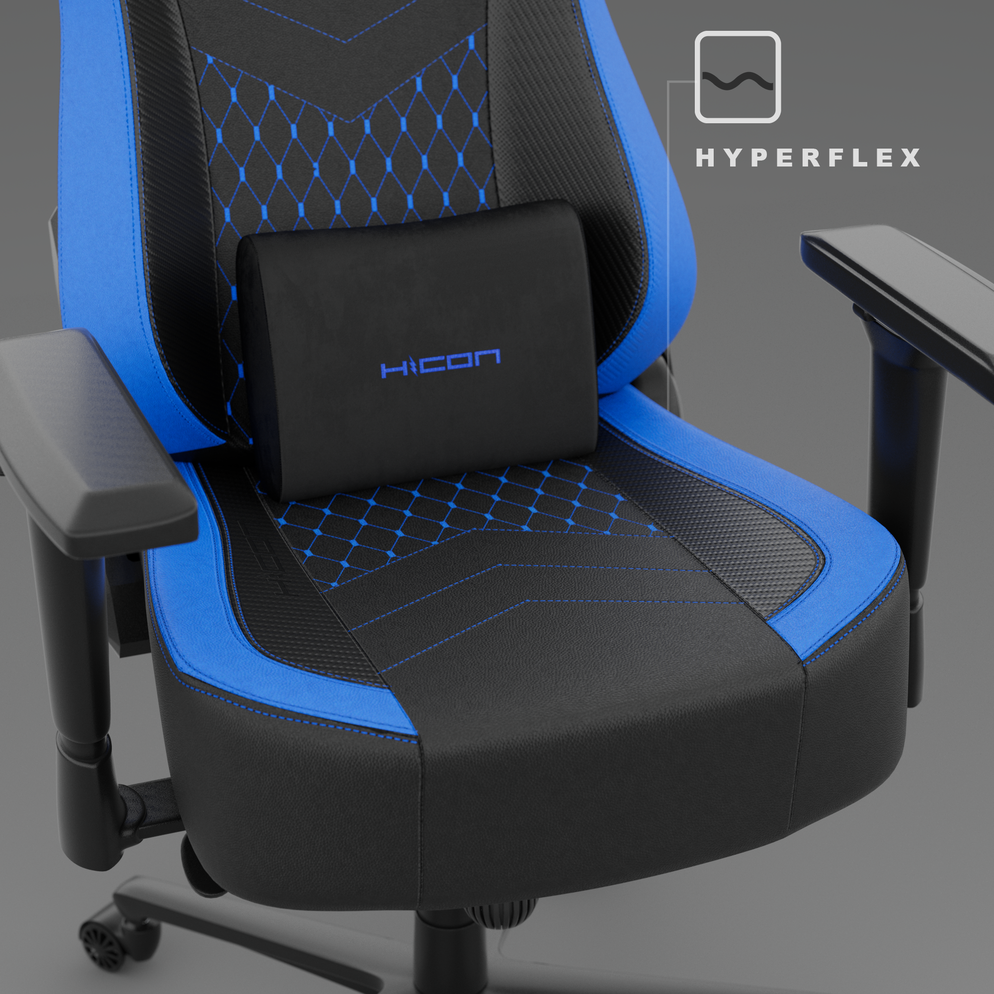 Silla gaming con asiento negro y detalles azules. Incluye un cojín lumbar negro con el logo 'HICON' y texto 'HYPERFLEX'.