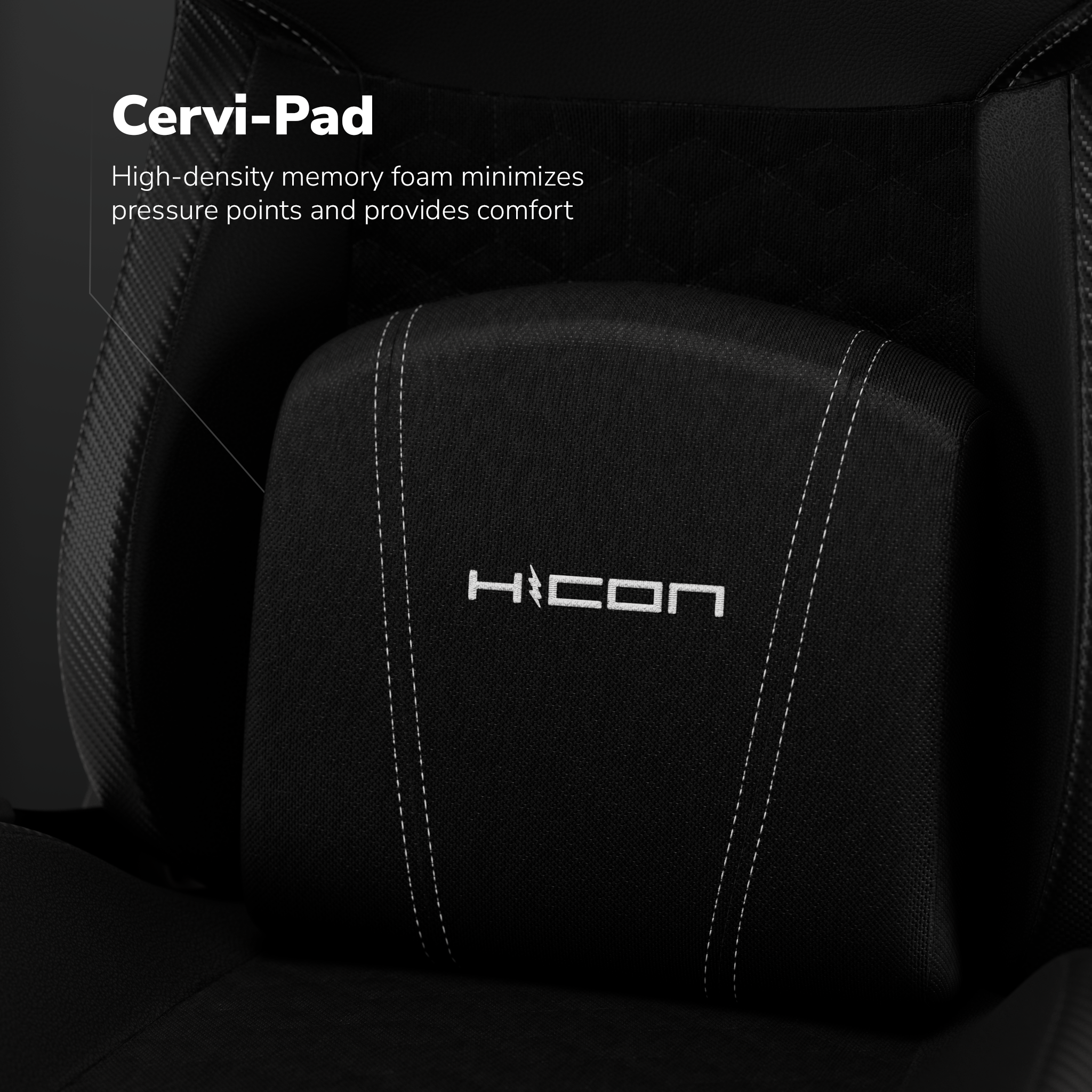 Zwart Cervi-Pad op een stoel. Het heeft het HICON-logo. Witte stiksels zijn zichtbaar.