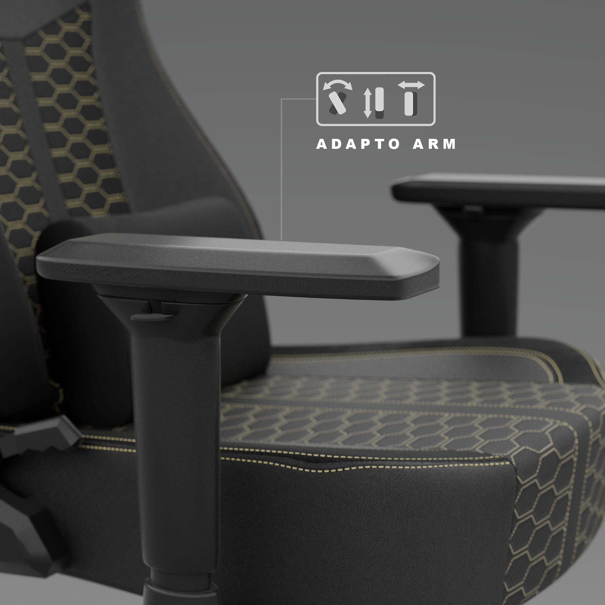 Gros plan sur un accoudoir noir de chaise de jeu. La chaise a un motif hexagonal avec des accents dorés.