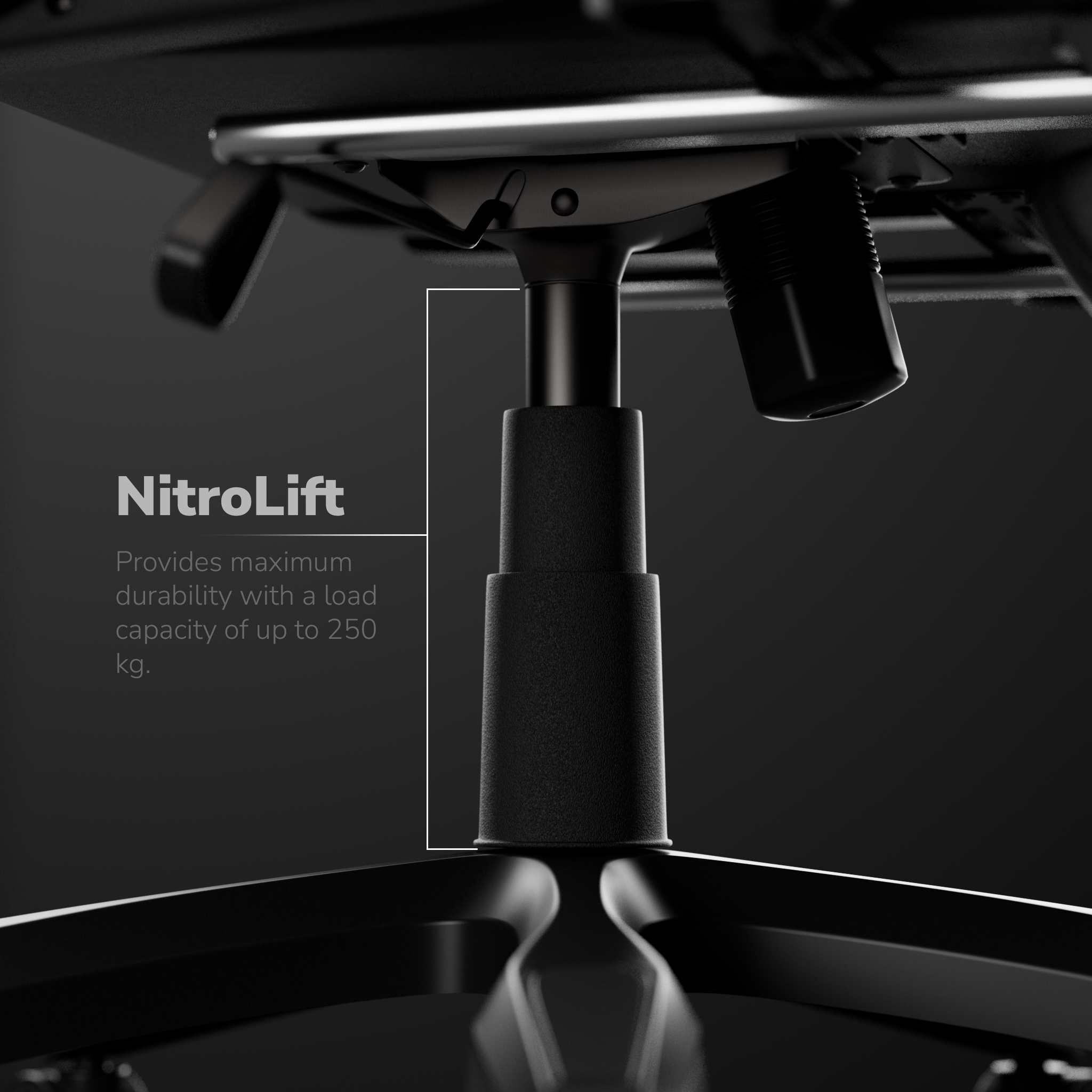 Detail des schwarzen Bürostuhlmechanismus. NitroLift-Text mit Tragfähigkeit. Bis zu 250 kg. Dunkler Hintergrund.