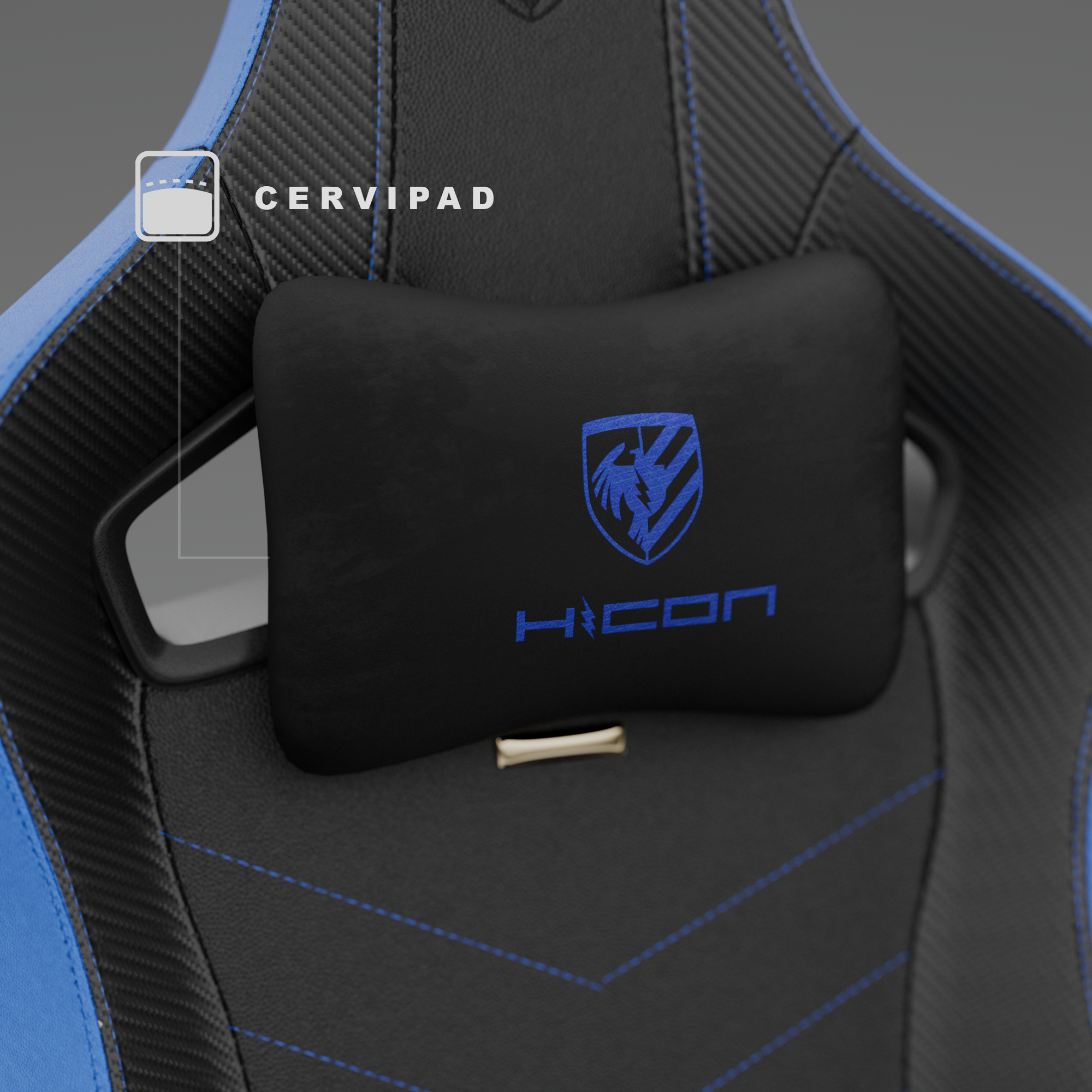 Appuie-tête de chaise gaming noir avec logo et texte bleus. Coutures bleues sur cuir noir et bleu. Cervical.