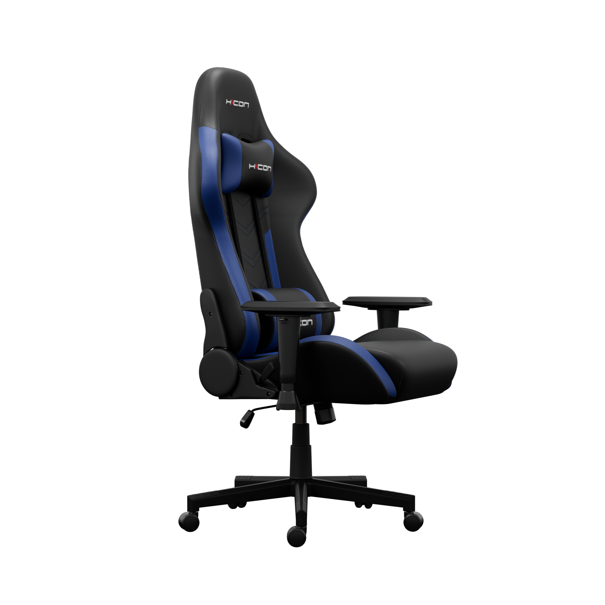 Une chaise de jeu noire et bleue sur fond noir. La chaise a un appui-tête et des accoudoirs, avec la marque 'H-CON'.