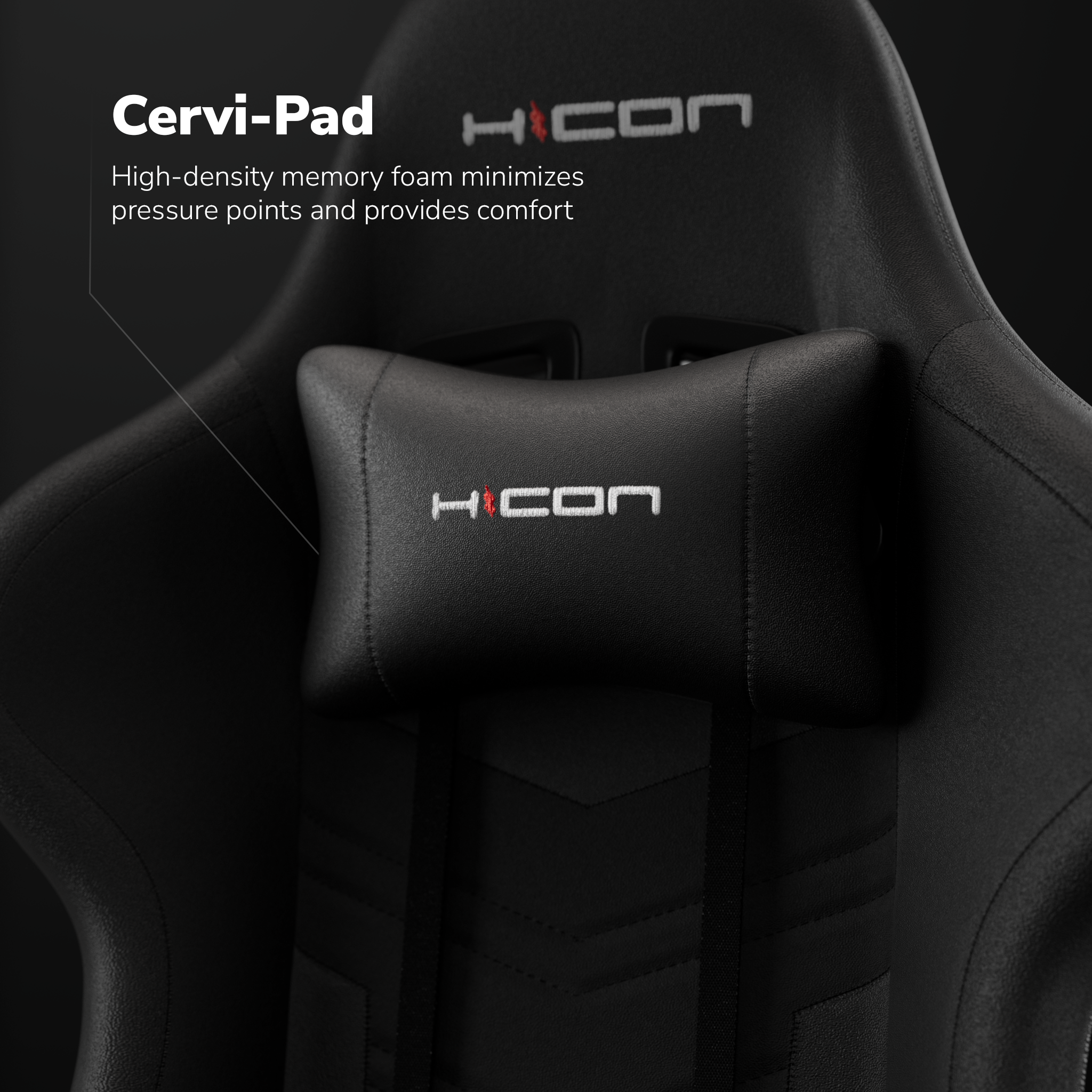 Schwarze Cervi-Pad-Kopfstütze mit HICON-Logo, Teil eines schwarzen Gaming-Stuhls. Text besagt, dass es Druckstellen minimiert und Komfort bietet.
