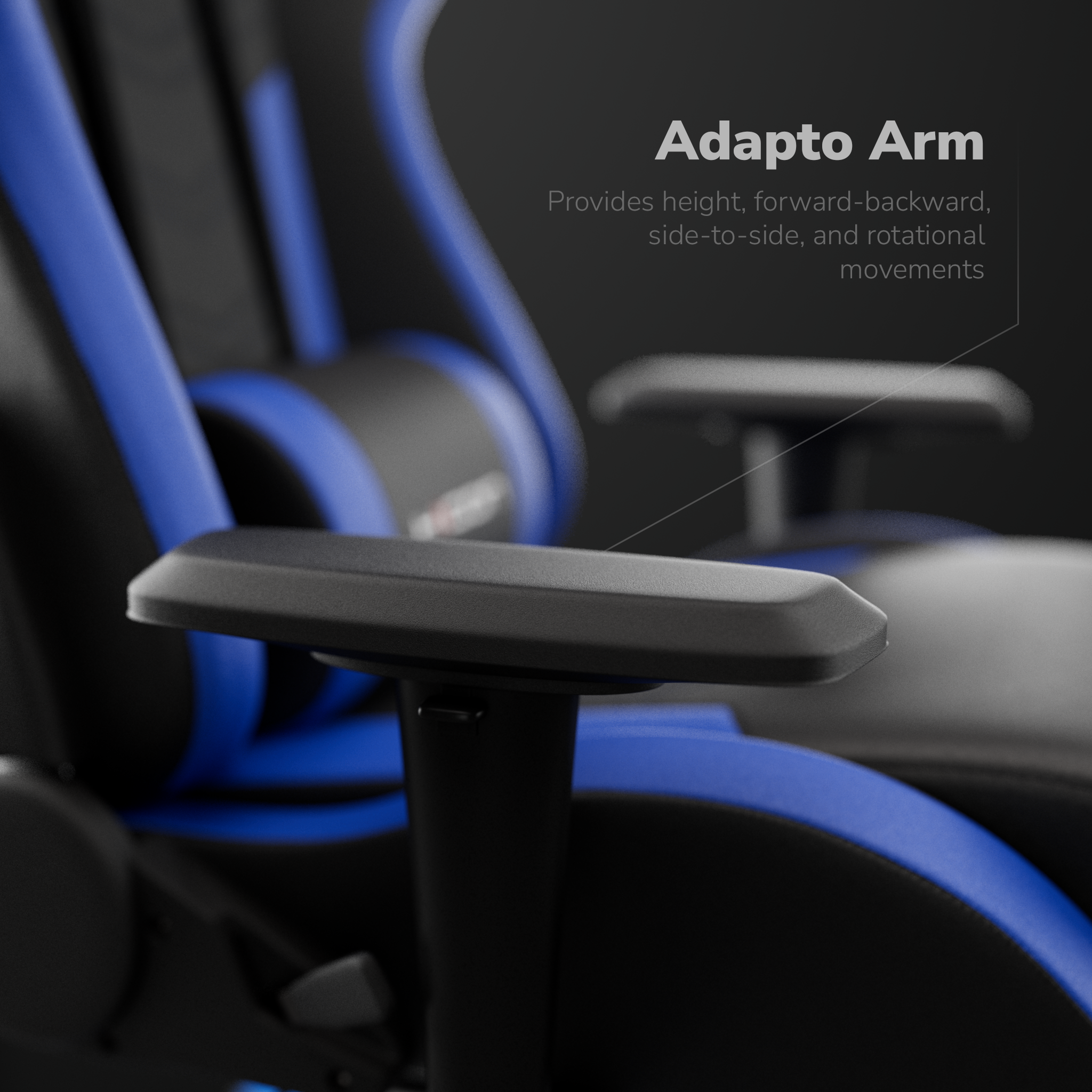 Nahaufnahme einer schwarzen und blauen Gaming-Stuhllehne. Text sagt 'Adapto Arm' mit Bewegungsdetails.