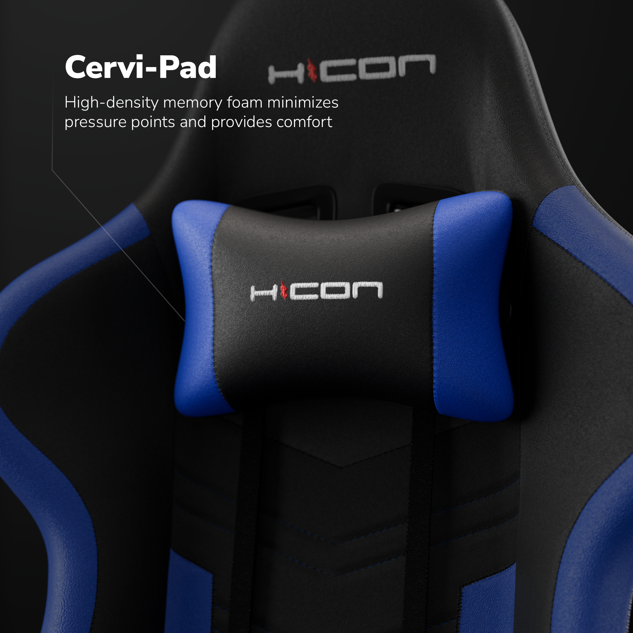 Gros plan sur une chaise Cervi-Pad noire et bleue. Elle a un appui-tête bleu avec un centre noir et la marque HICON.