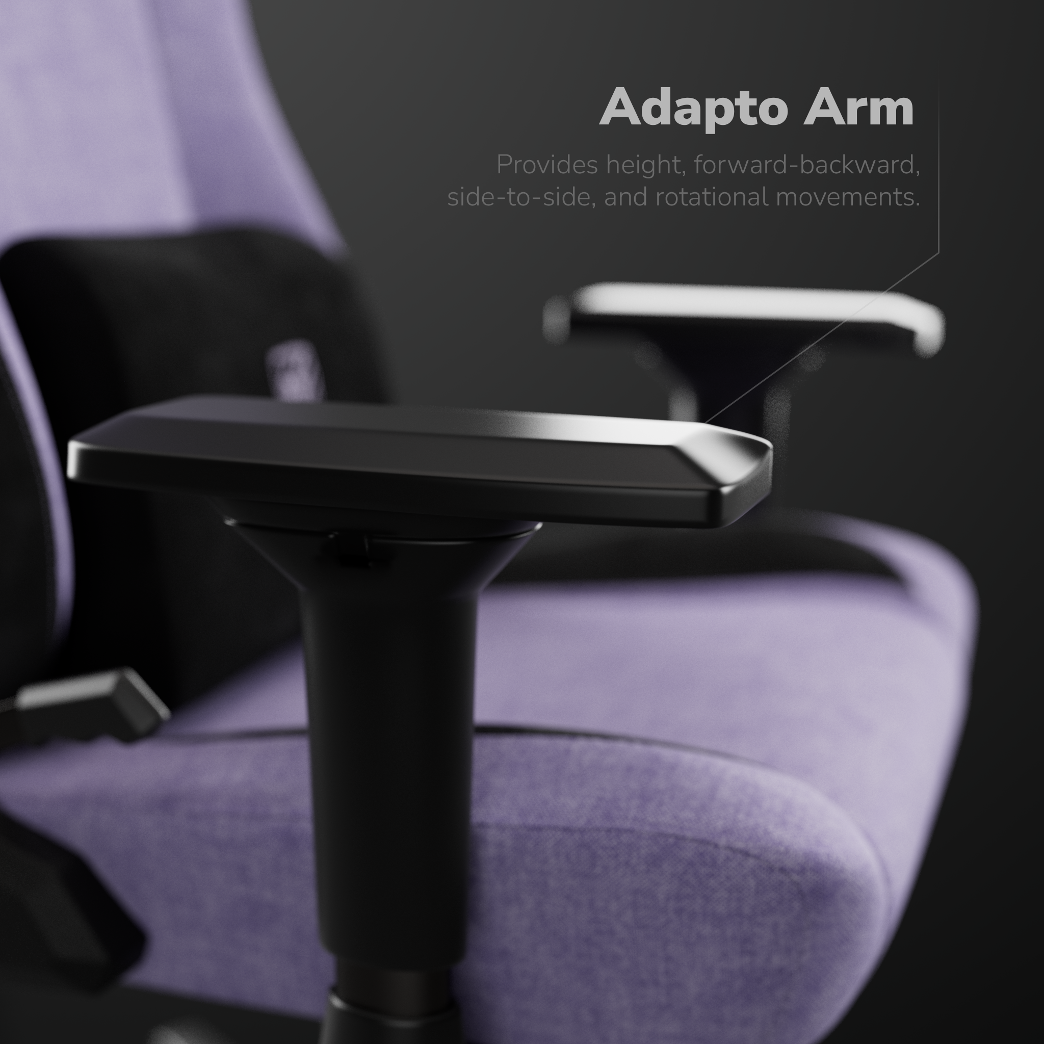 Close-up van een zwarte en paarse gamingstoel met armleuning. Tekst zegt 'Adapto Arm' met bewegingsdetails.