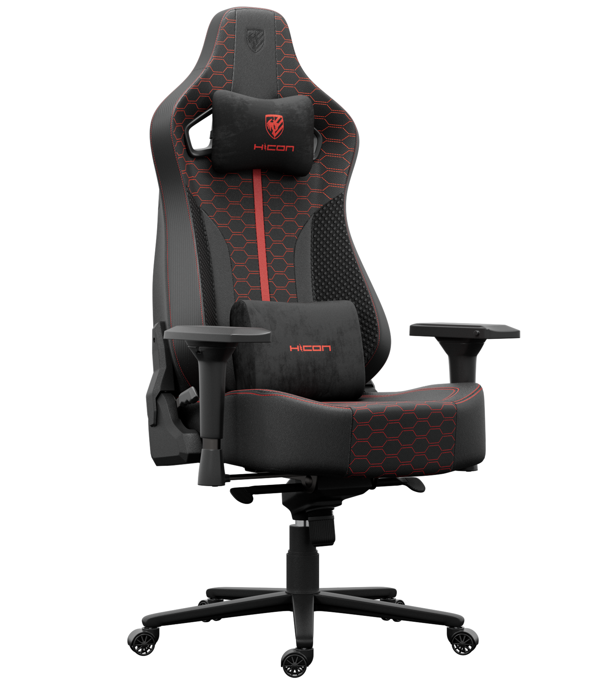 Chaise de jeu noire et rouge. Comprend un appui-tête, un coussin lombaire et des accoudoirs. La chaise a une base à cinq roues.