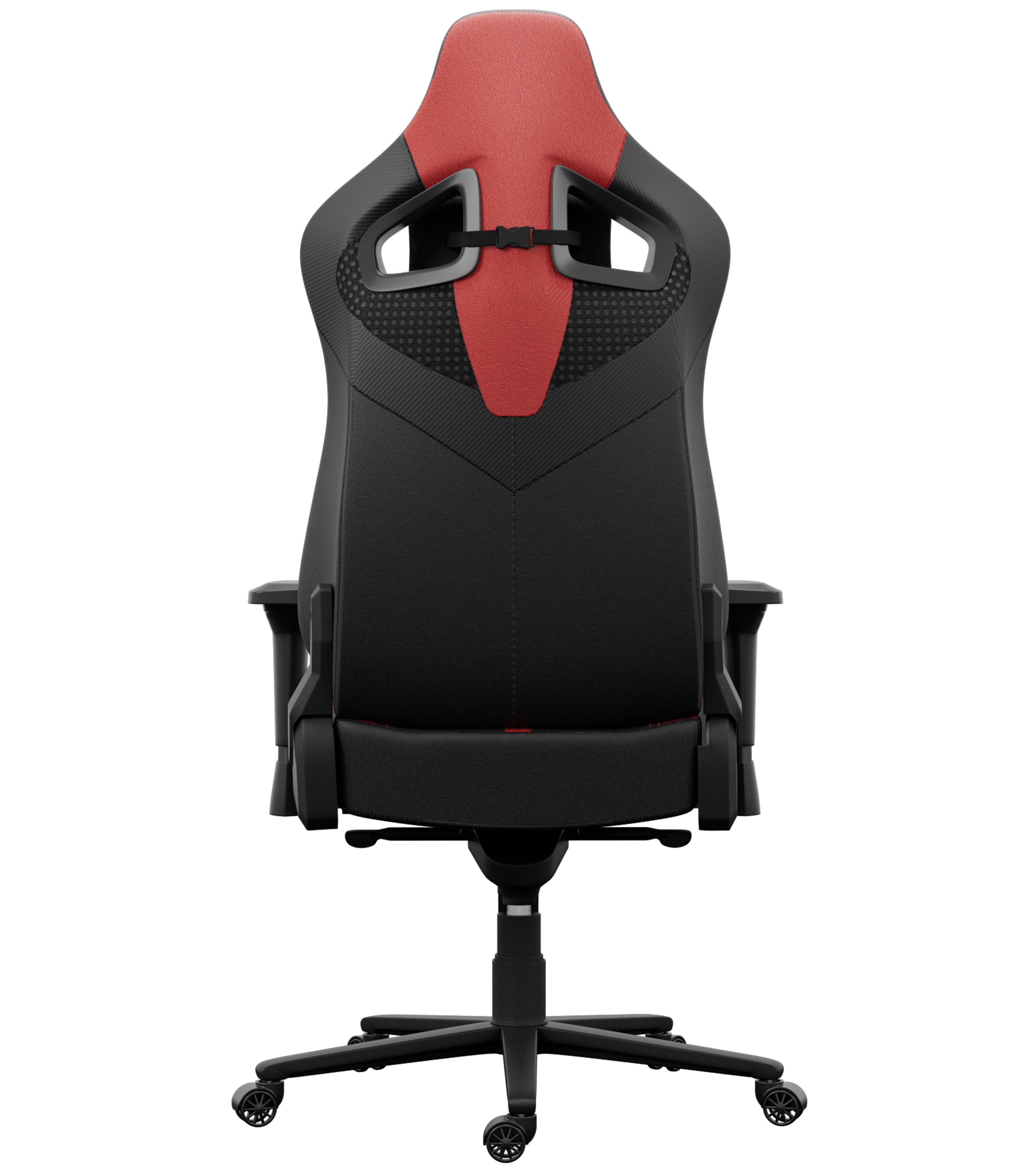 Chaise de jeu noire et rouge. Dispose d'un dossier haut avec un appui-tête rouge. Elle a des accoudoirs et une base à cinq roues.