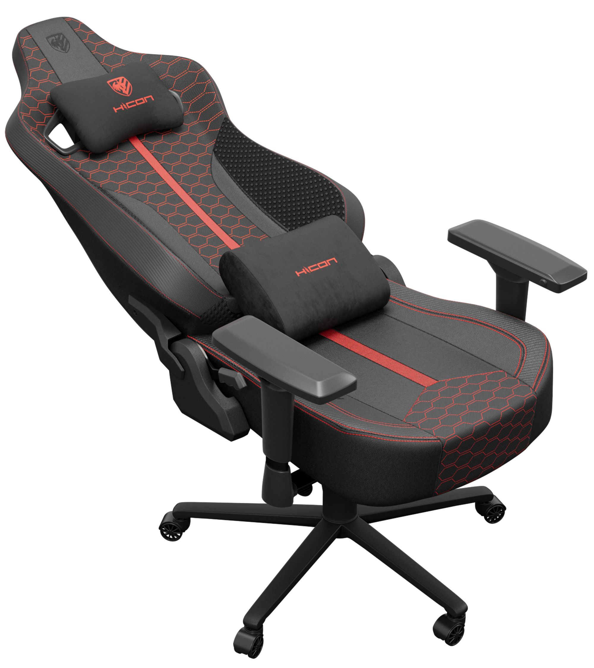 Chaise gaming. Design noir et rouge avec logo HICON. Comprend appui-tête, support lombaire, accoudoirs et base à cinq étoiles avec roues.