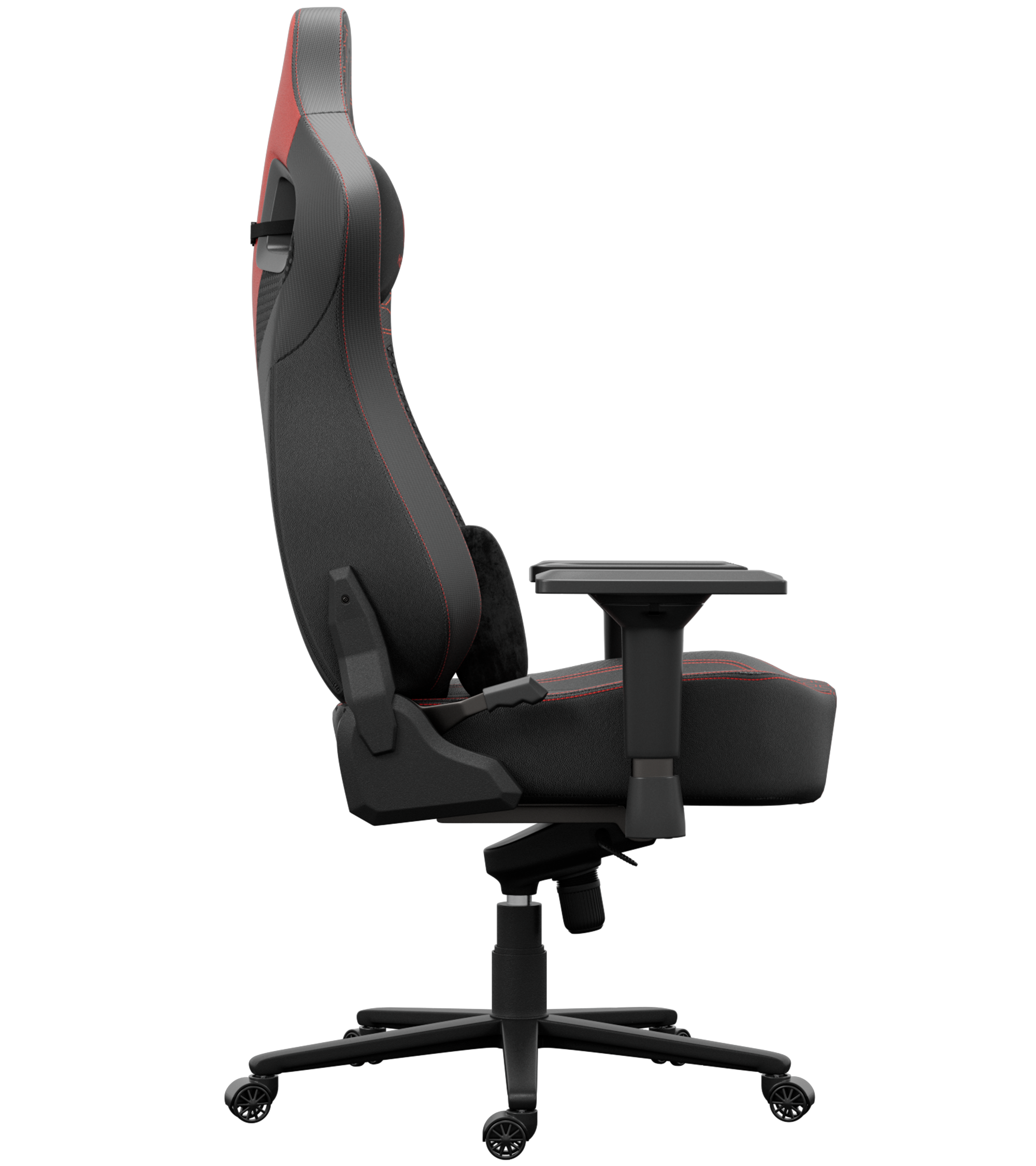 Une chaise de jeu noire et rouge. La chaise a un dossier haut, des accoudoirs et une base à cinq roues. Des coutures rouges sont visibles.