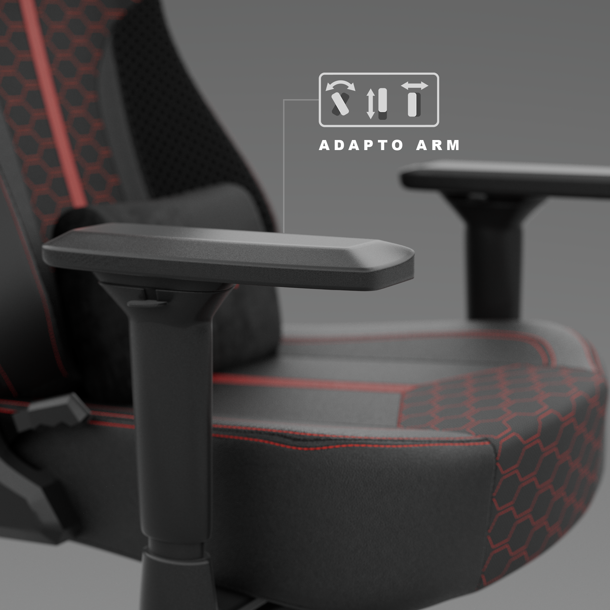 Close-up van een zwarte en rode gamingstoel. De armleuning staat centraal, met een 'ADAPTO ARM'-symbool erboven.