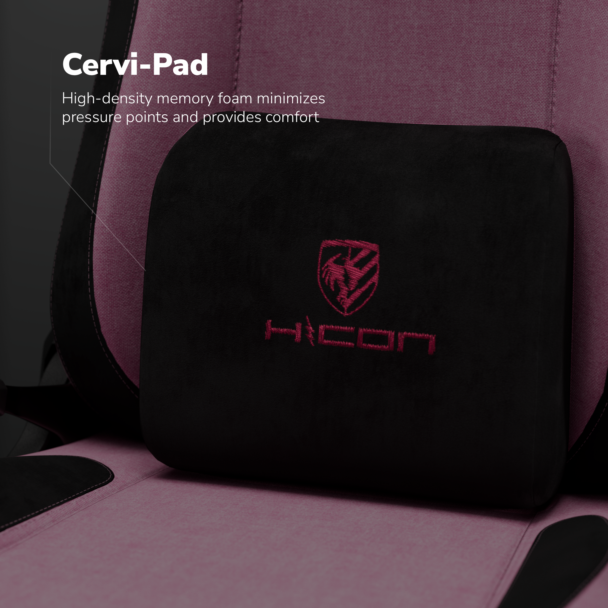Zwarte Cervi-Pad met logo op een roze stoel, tekst zegt dat traagschuim drukpunten minimaliseert.