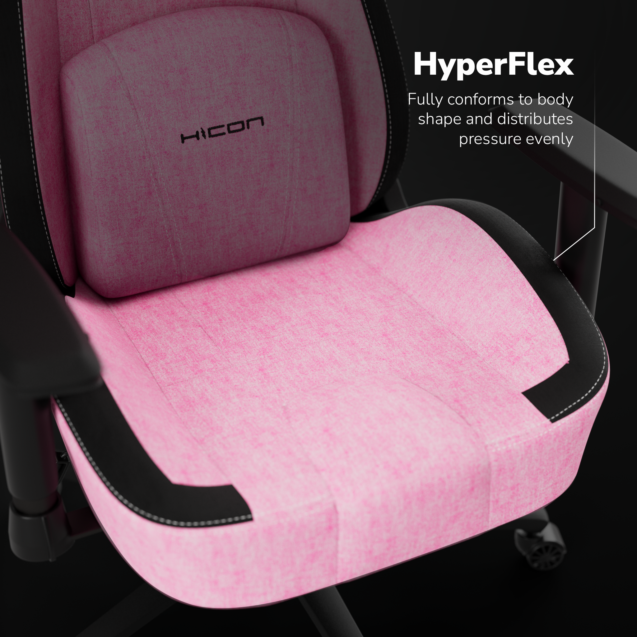 Roze gamingstoel met zwarte accenten. De stoel is gemaakt van stof en heeft de merknaam HICON.