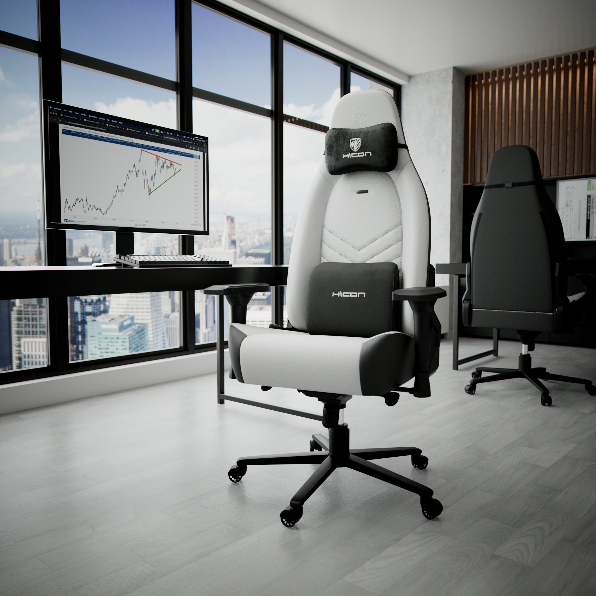 Scène de bureau. Chaise blanche et noire. Le moniteur affiche le graphique boursier. Vue sur la ville par la fenêtre. Autre chaise en arrière-plan.