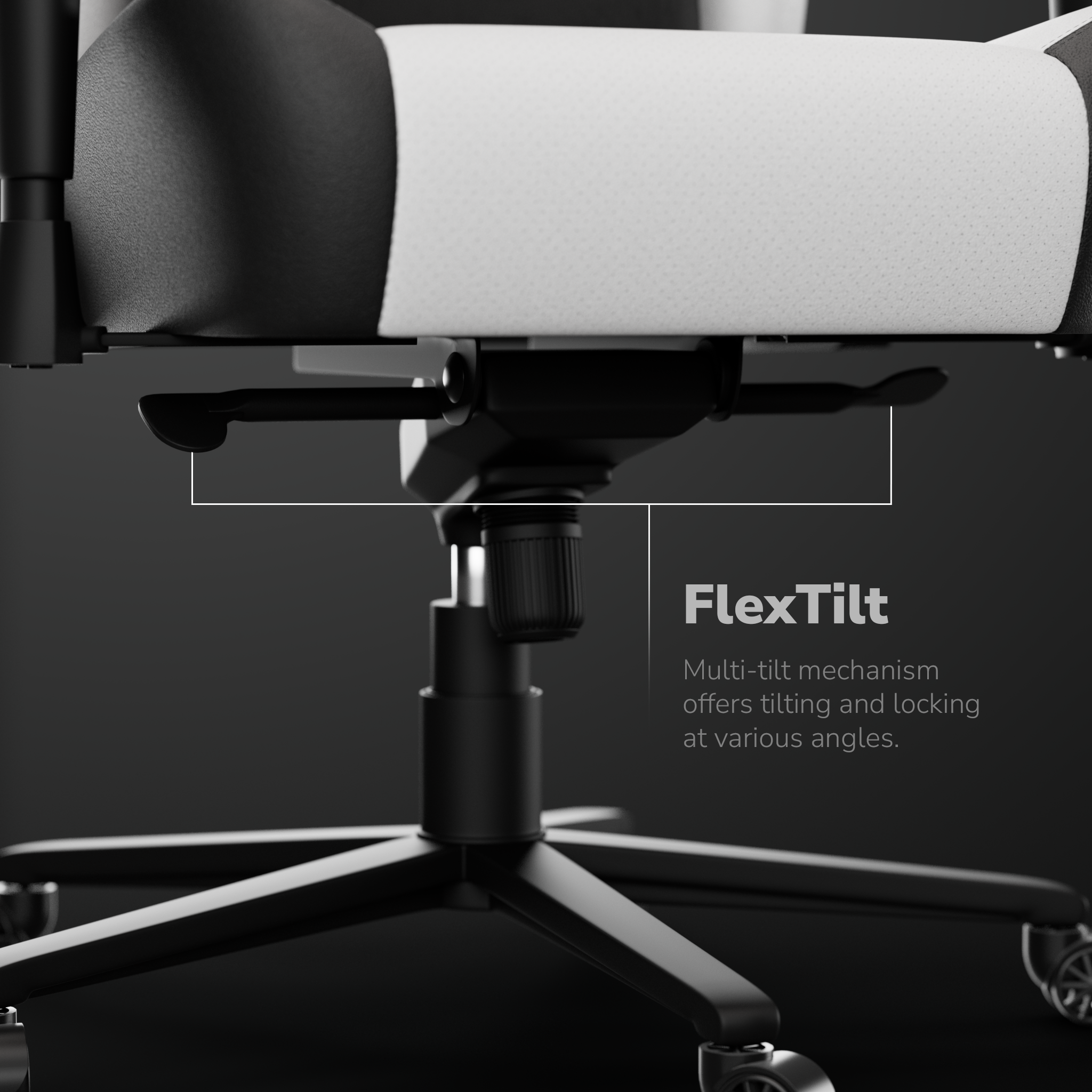 Primer plano de una silla de oficina en blanco y negro con mecanismo FlexTilt. La silla tiene una base de cinco estrellas con ruedas.