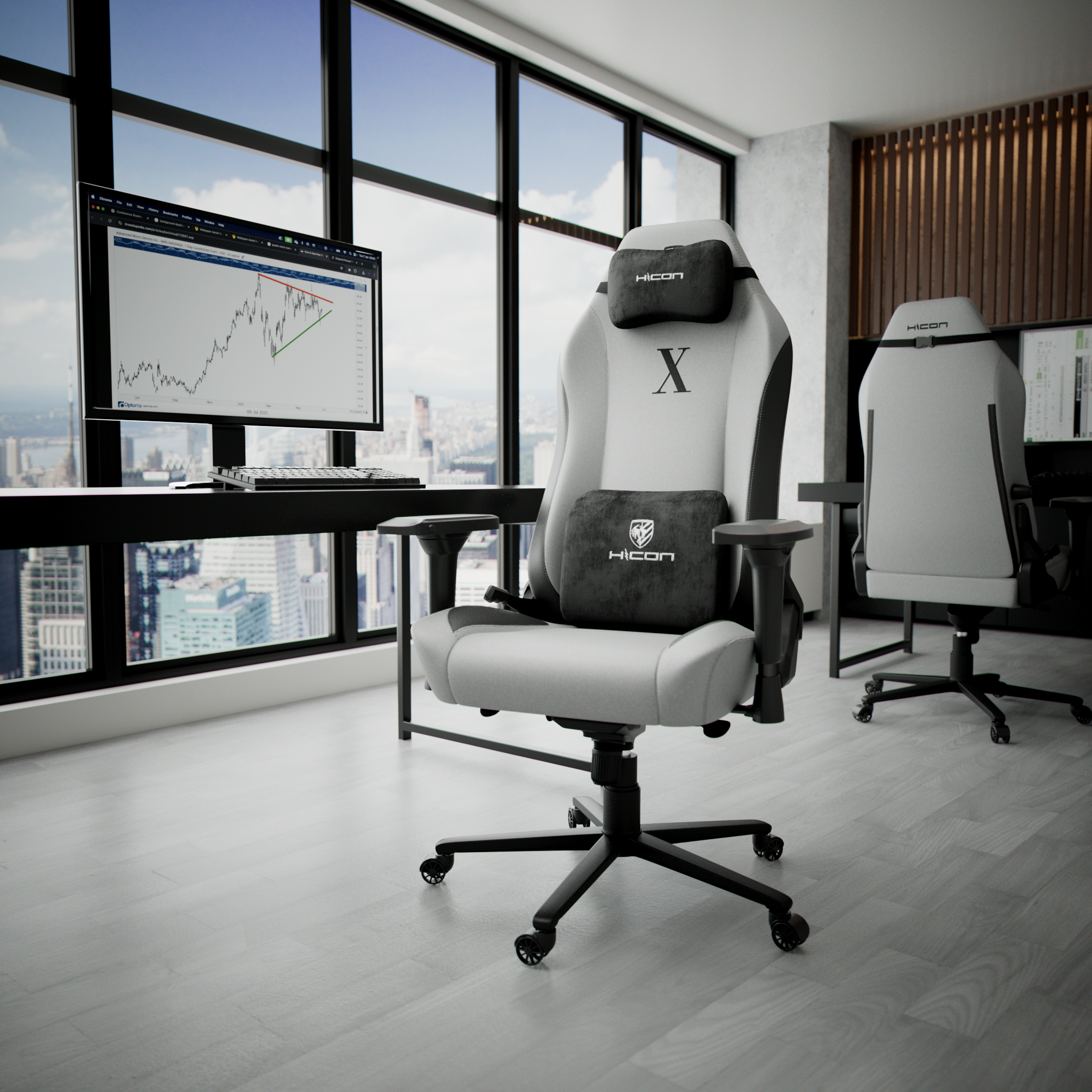 Bureau avec une chaise blanche devant une fenêtre, un ordinateur et une vue sur la ville. La chaise a un logo et la lettre X.