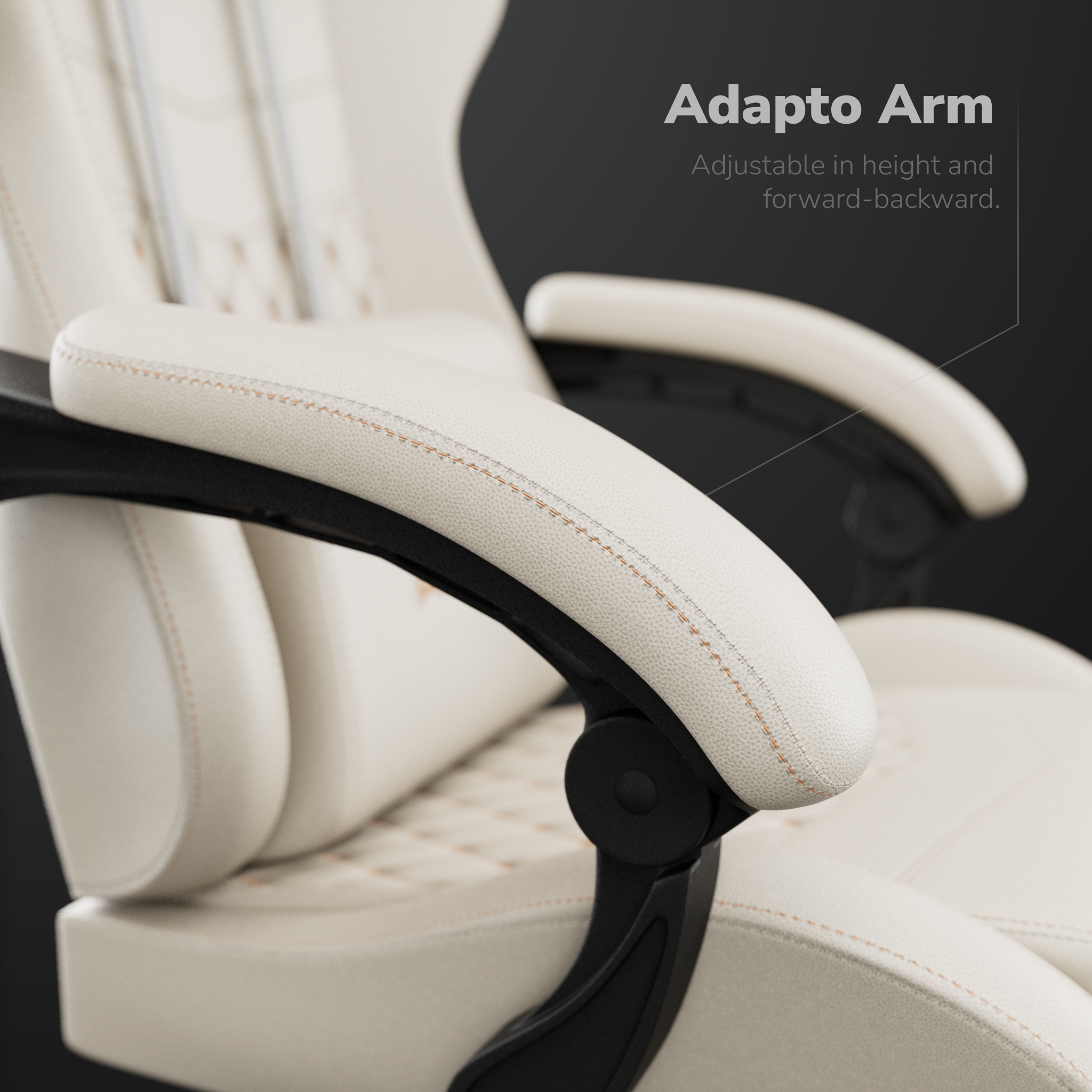 Accoudoir de chaise de jeu crème avec coutures orange. Support noir et fond sombre.