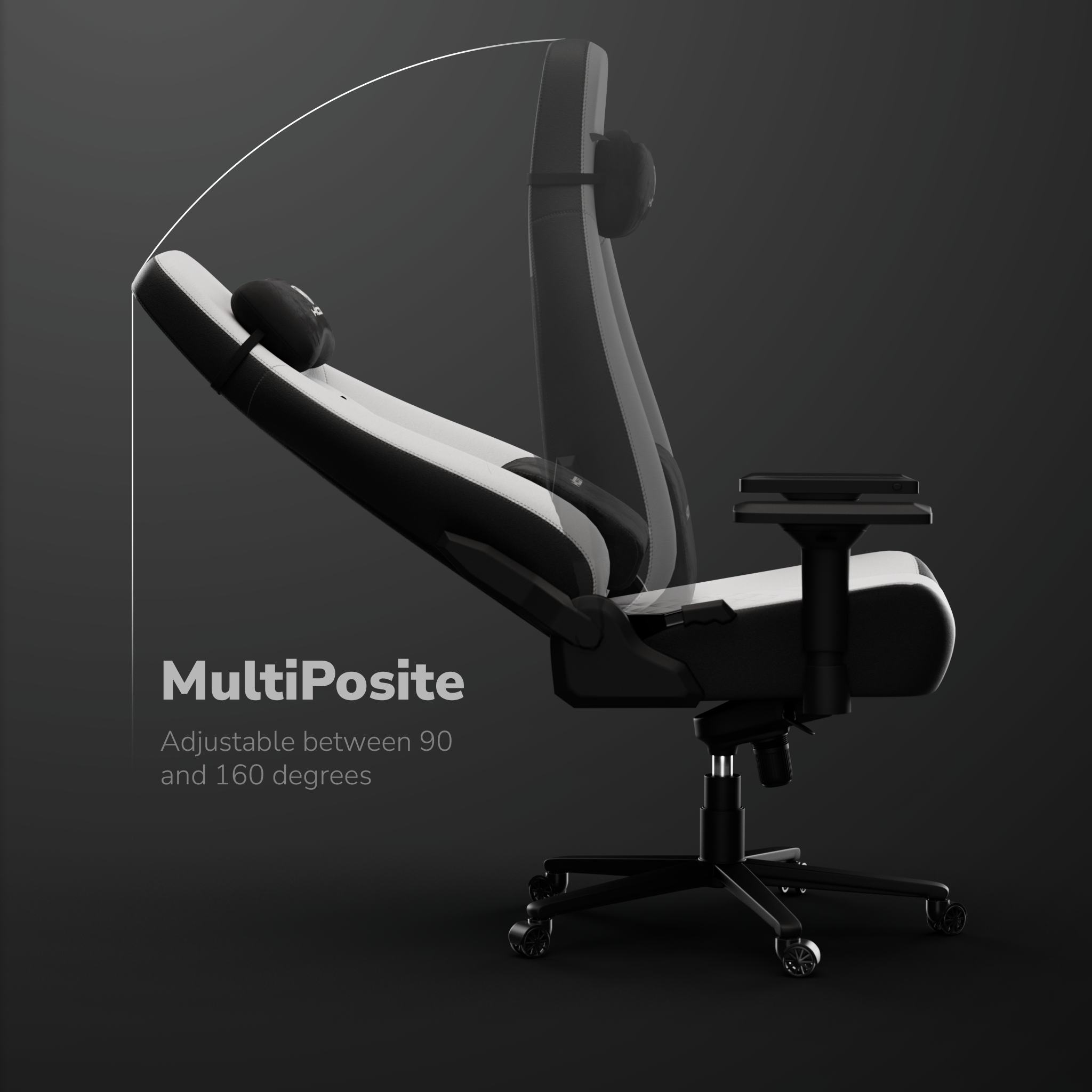 Una silla gaming negra y blanca. Es ajustable entre 90 y 160 grados. El fondo es gris oscuro.