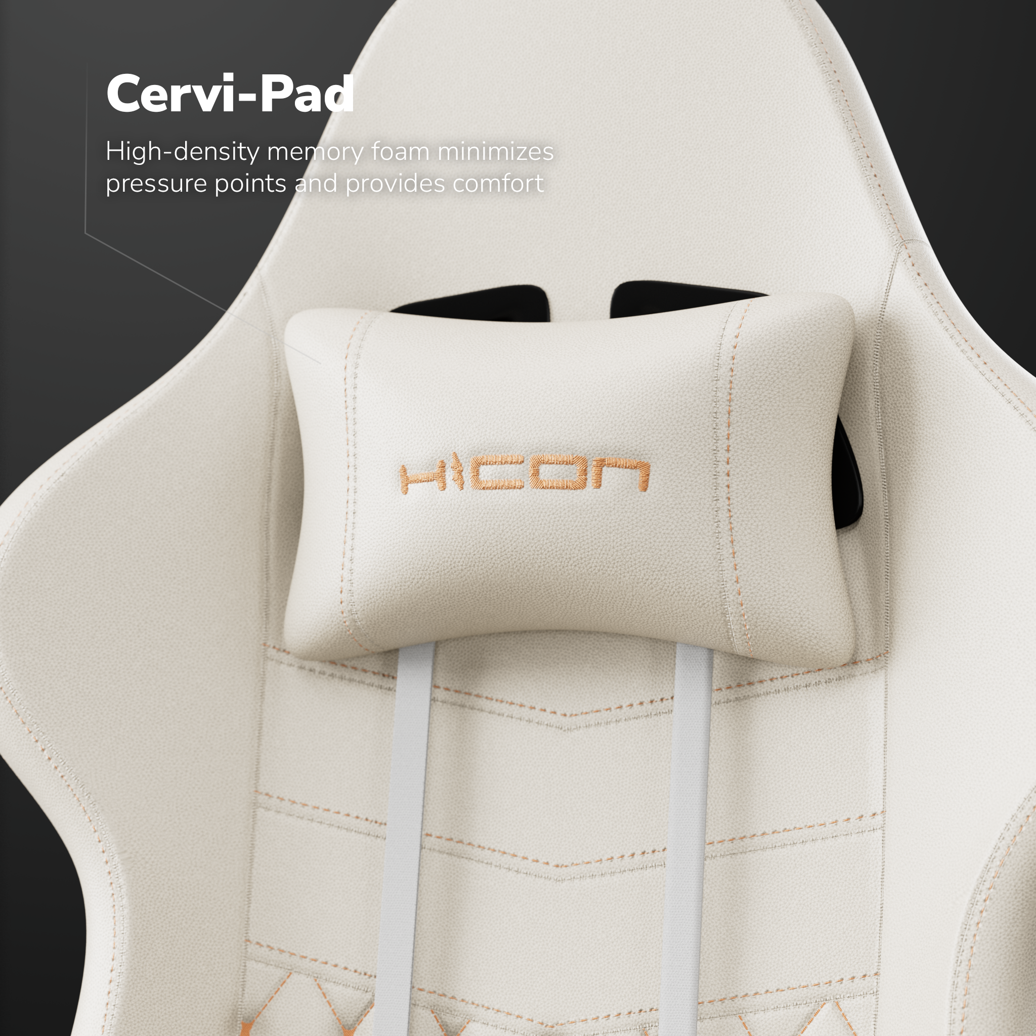 Gros plan sur une chaise crème avec un appui-tête. Le mot HICON est sur l'appui-tête.