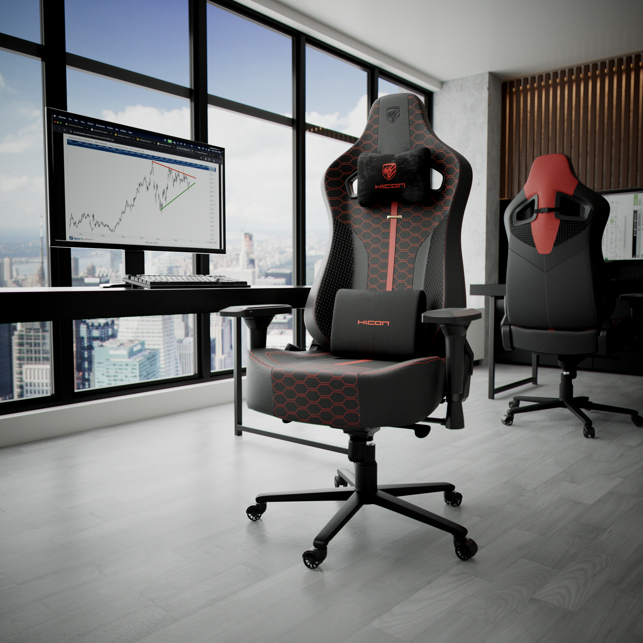 Un bureau moderne avec deux chaises gaming. Une chaise est noire et rouge, l'autre est rouge et grise. Un moniteur affiche des graphiques boursiers.