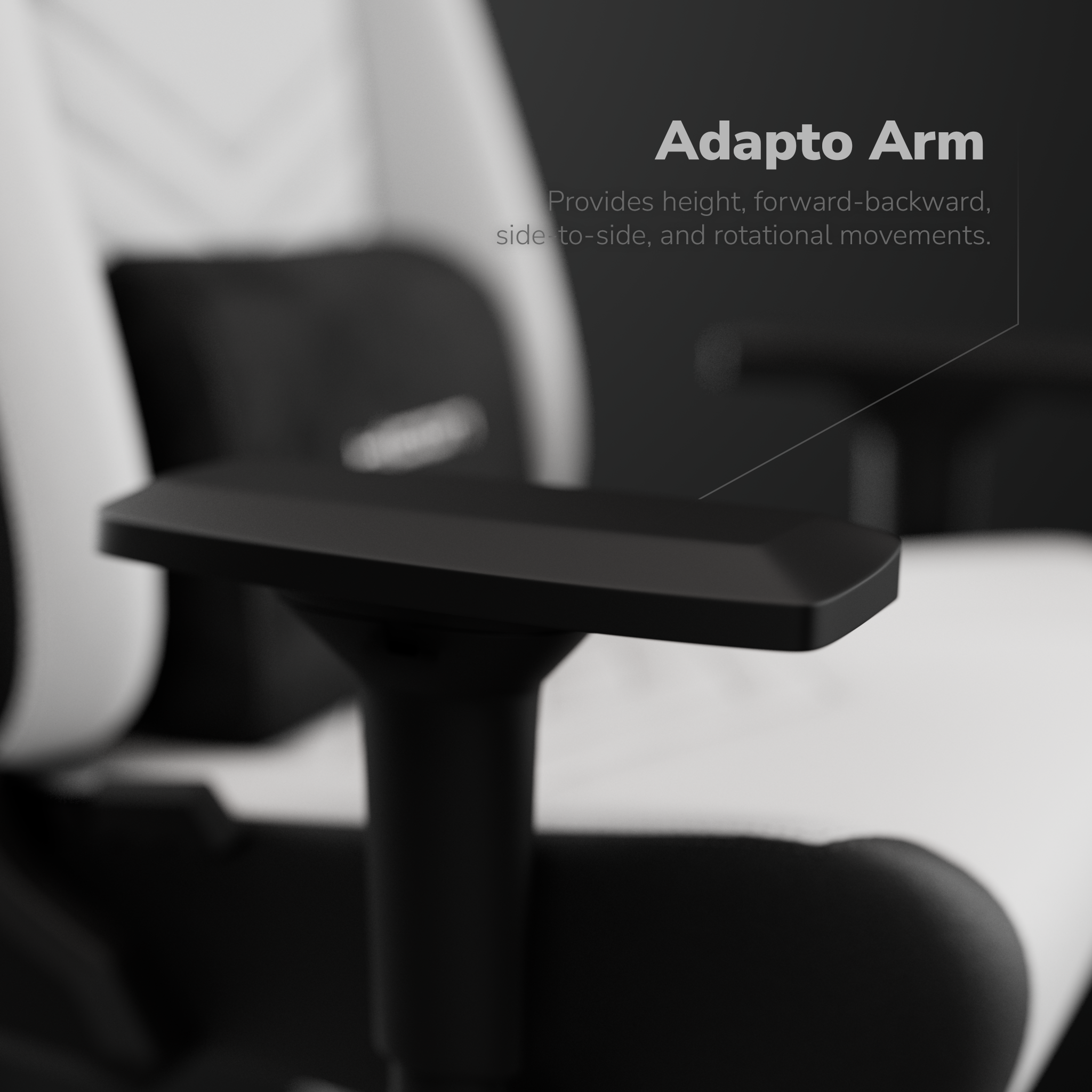Accoudoir de chaise gaming noir et blanc avec texte "Adapto Arm", décrivant le mouvement en hauteur et rotatif.